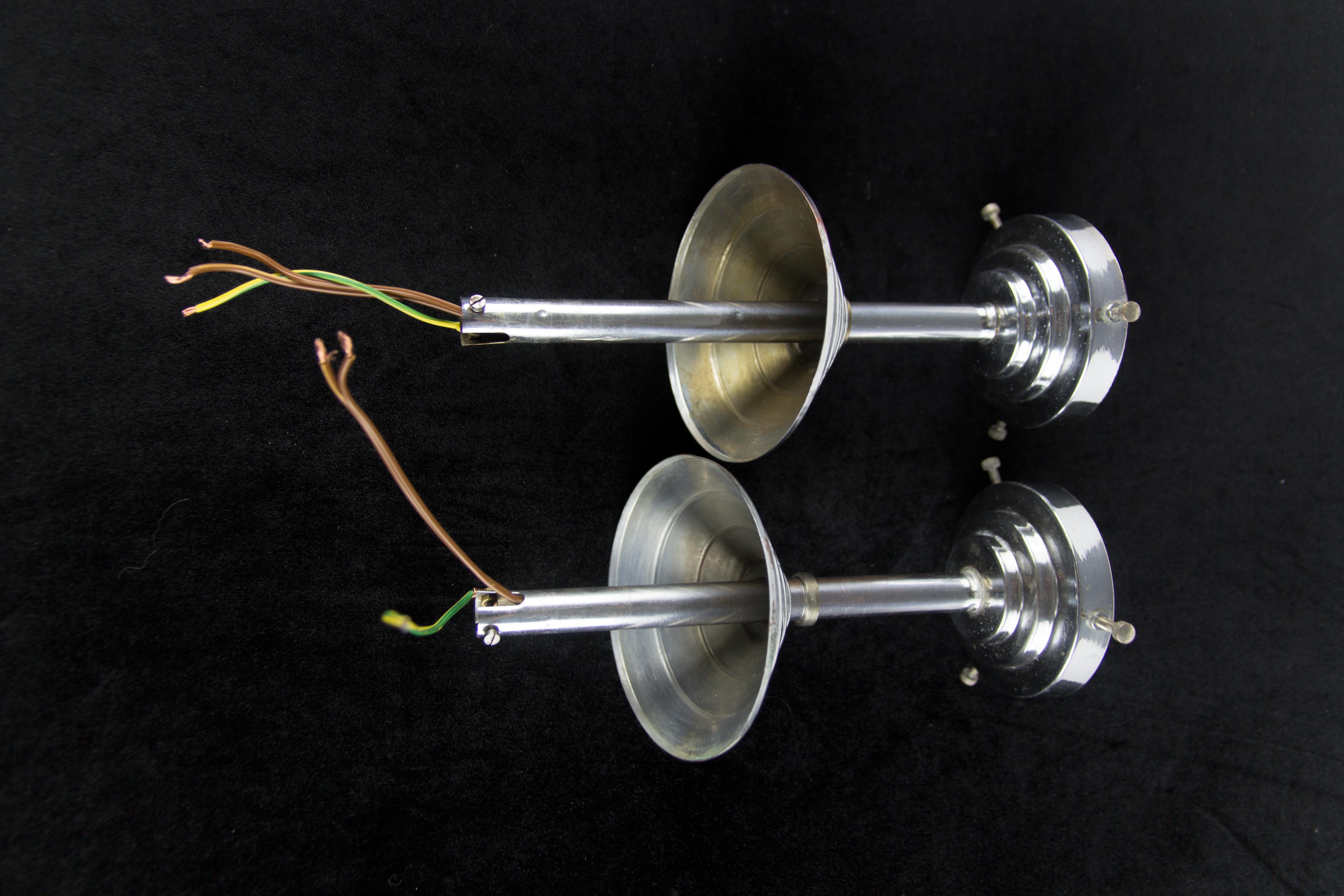Pair of Art Deco White Frosted Glass and Chrome Pendant Ceiling Lights, 1930s 4
