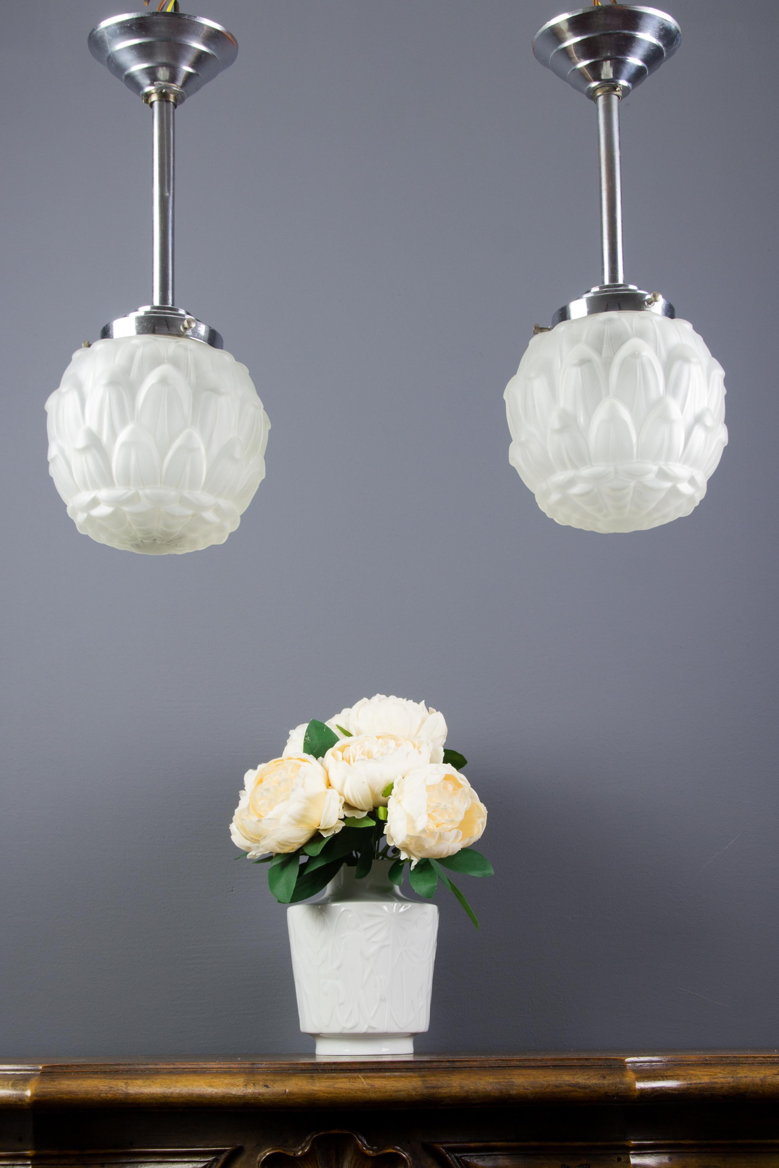 Pair of Art Deco White Frosted Glass and Chrome Pendant Ceiling Lights, 1930s 8