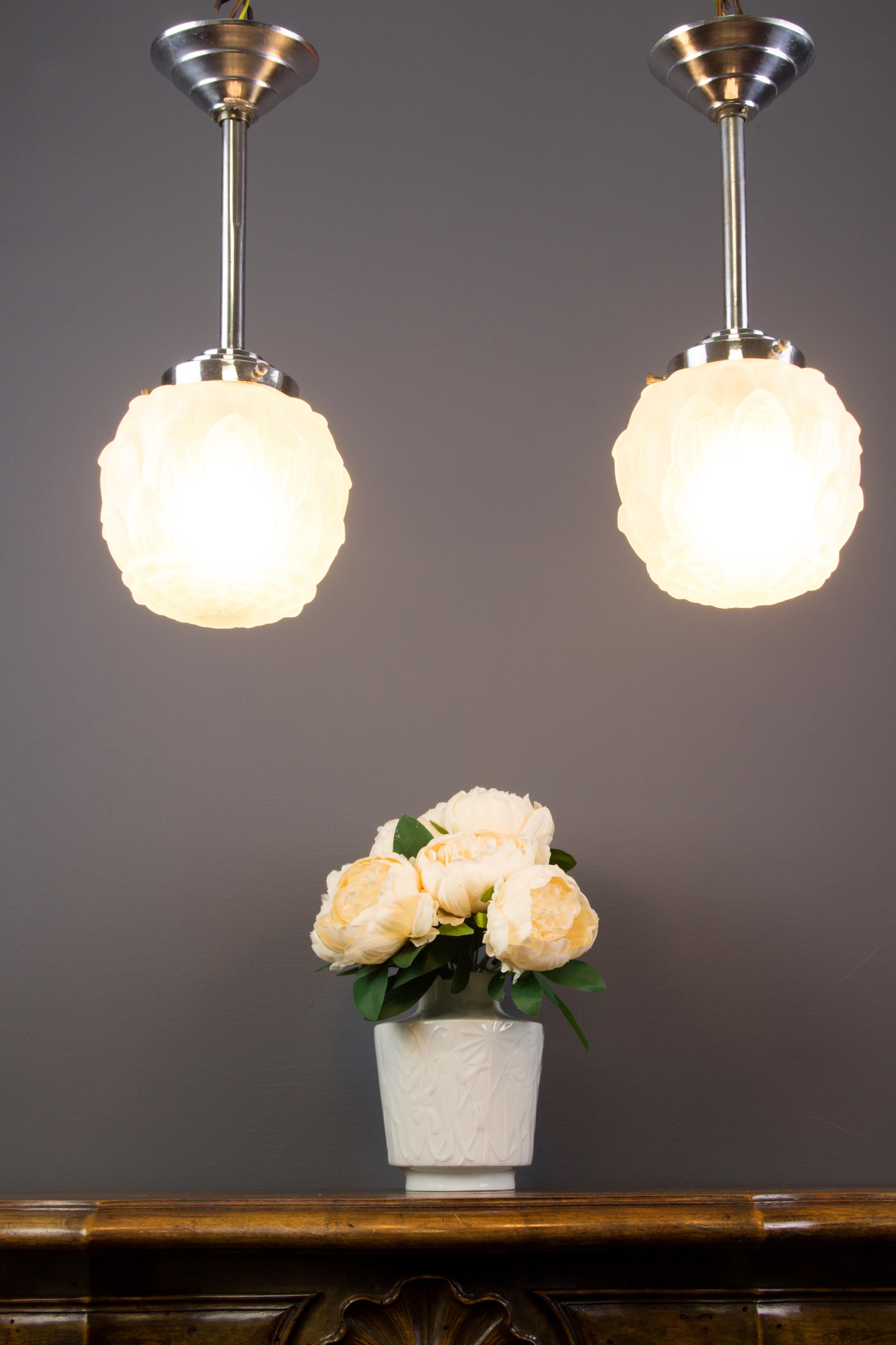 Pair of Art Deco White Frosted Glass and Chrome Pendant Ceiling Lights, 1930s 9