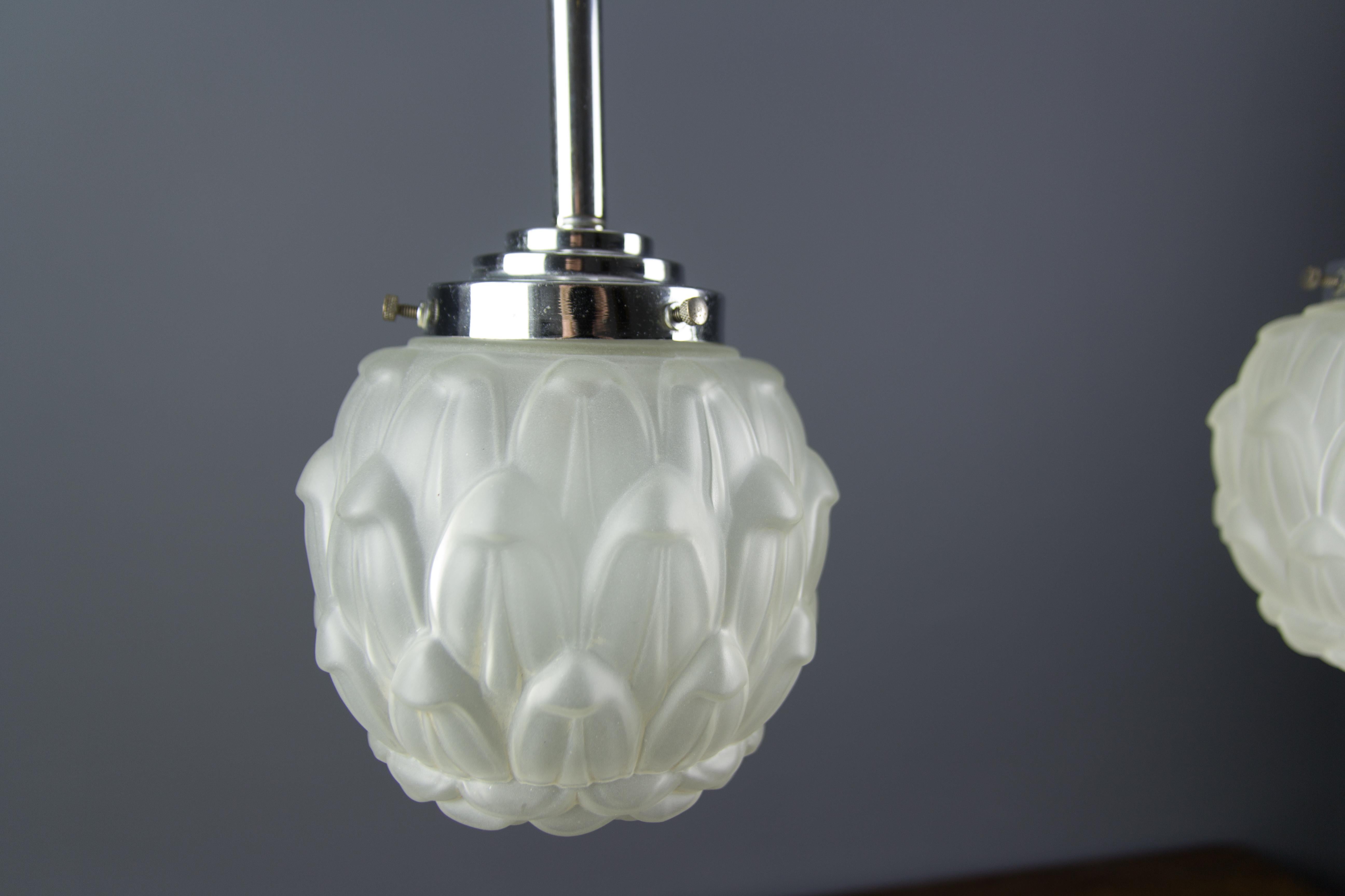 French Pair of Art Deco White Frosted Glass and Chrome Pendant Ceiling Lights, 1930s