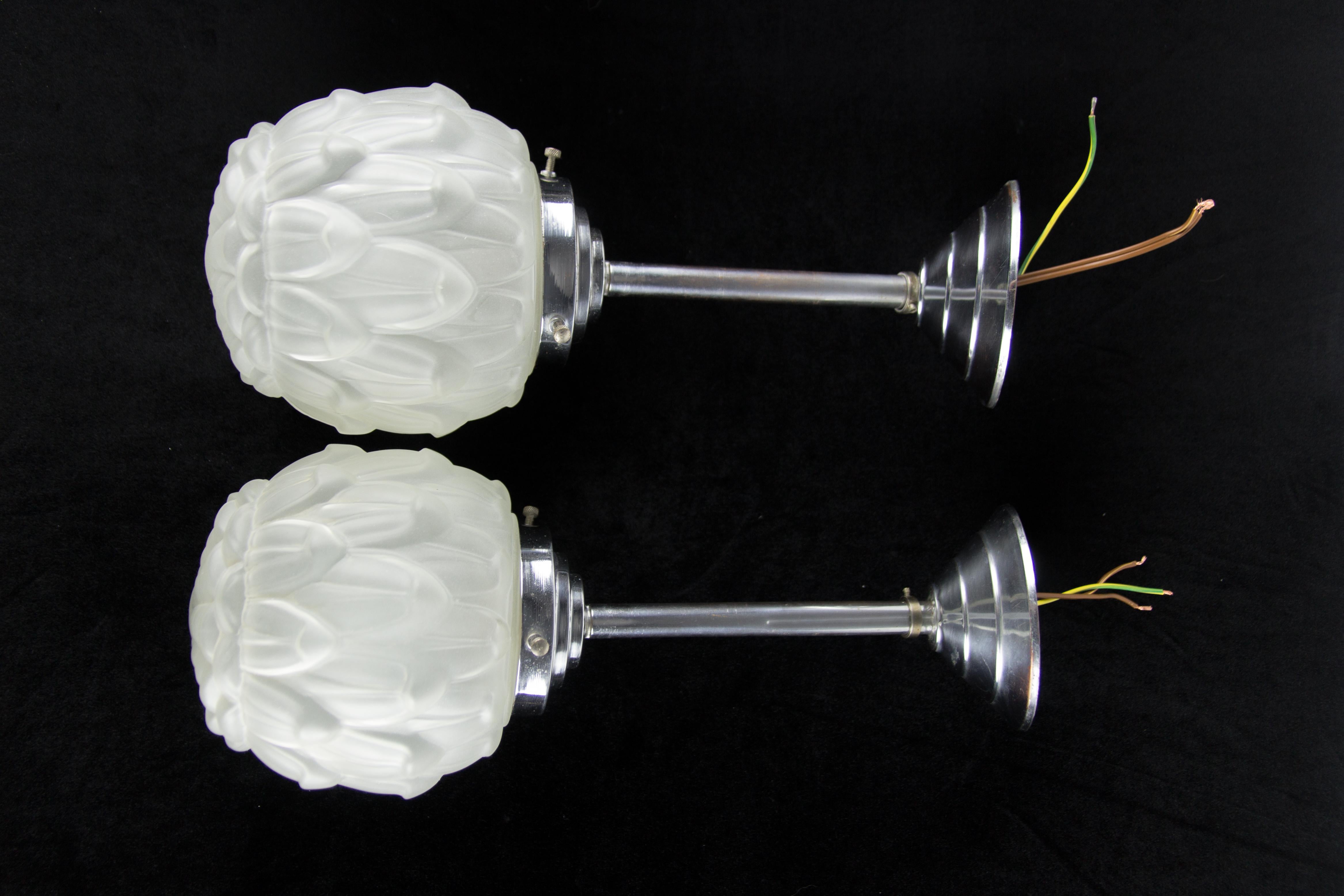 Plated Pair of Art Deco White Frosted Glass and Chrome Pendant Ceiling Lights, 1930s