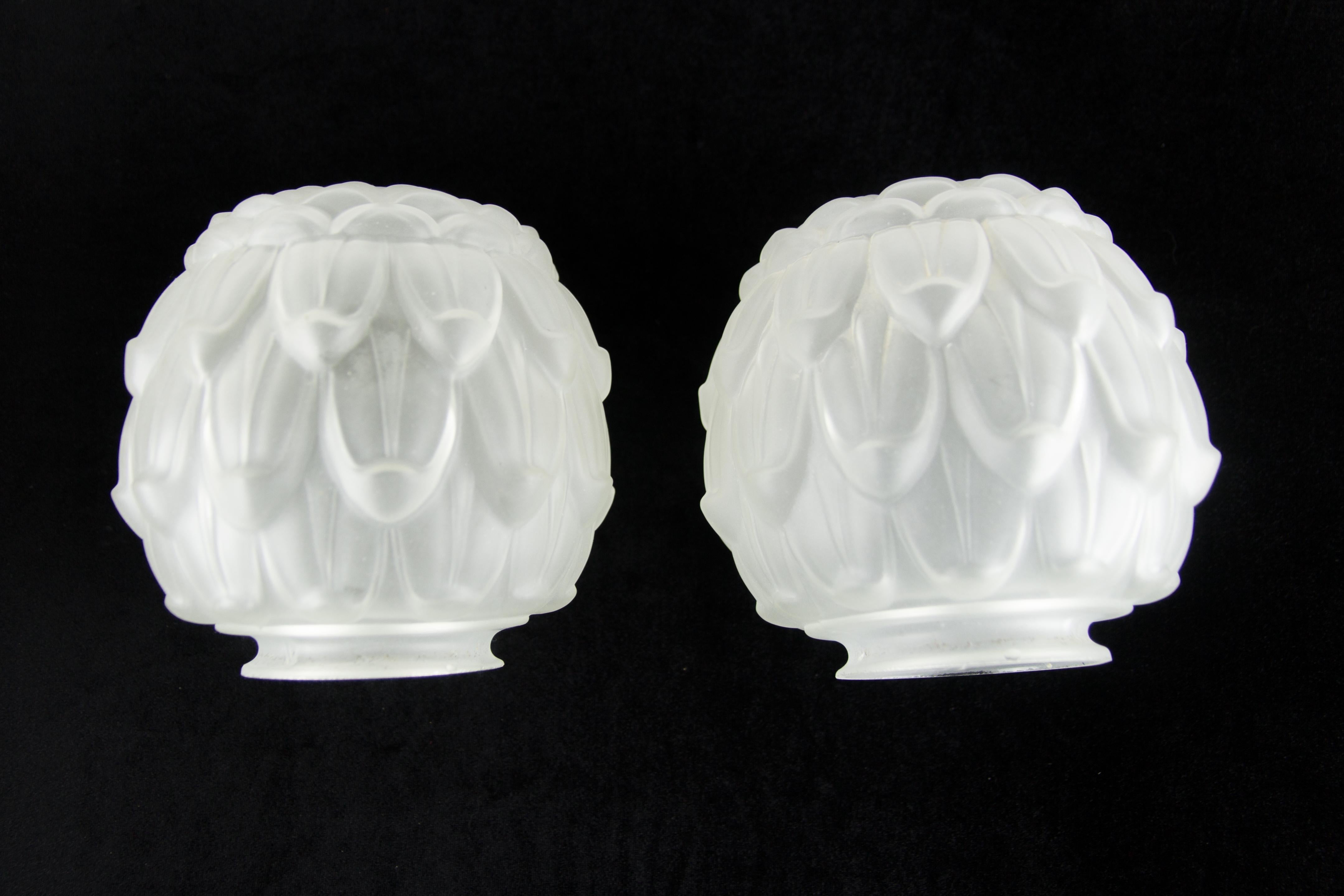 Pair of Art Deco White Frosted Glass and Chrome Pendant Ceiling Lights, 1930s 1