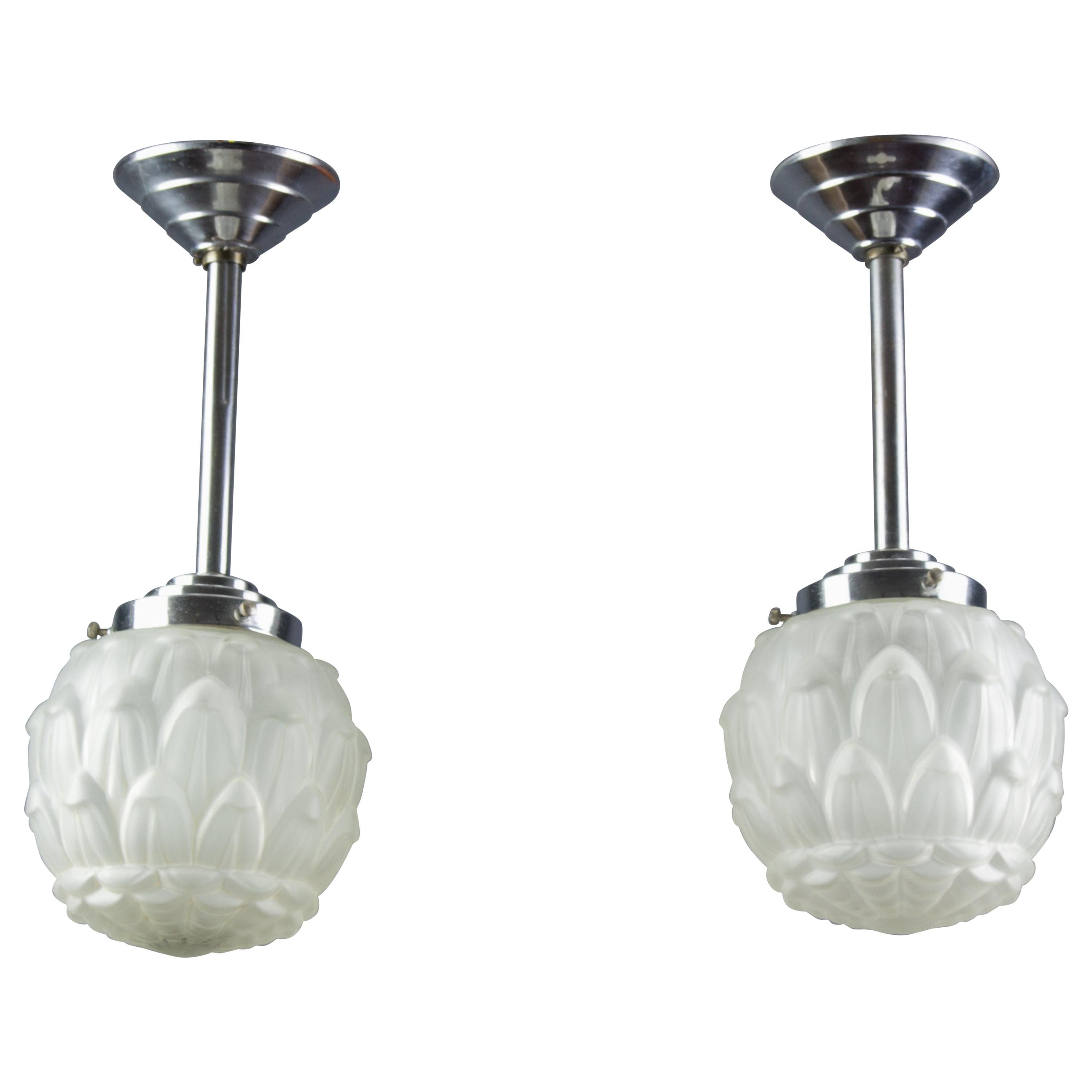 Pair of Art Deco White Frosted Glass and Chrome Pendant Ceiling Lights, 1930s