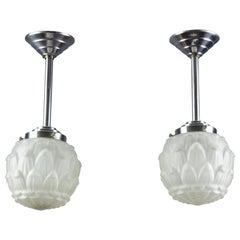 Pair of Art Deco White Frosted Glass and Chrome Pendant Ceiling Lights, 1930s