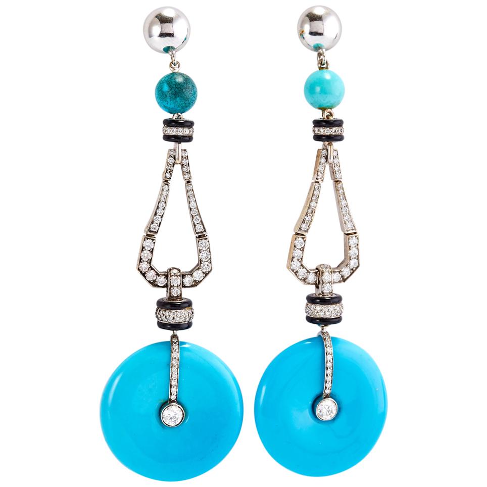 Pair of Art Deco Style White Gold Earrings with Diamonds and Turquoise For Sale