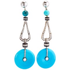Retro Pair of Art Deco Style White Gold Earrings with Diamonds and Turquoise