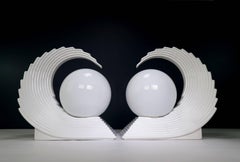 Art Deco Style White Wave Regency Statement Table Lamps, 1970s