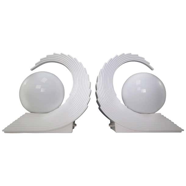 1970s Art Deco Table Lamps in White Glass and Ceramic, Wave Design For ...