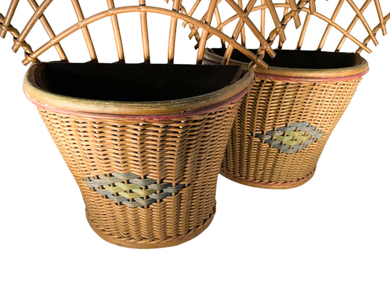 American Pair of Art Deco Wicker Wall Planters with Trellis Backs in Original Condition For Sale