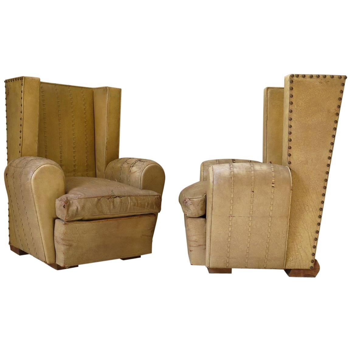 Pair of Art Deco Wingback Club Chairs, France, circa 1940s