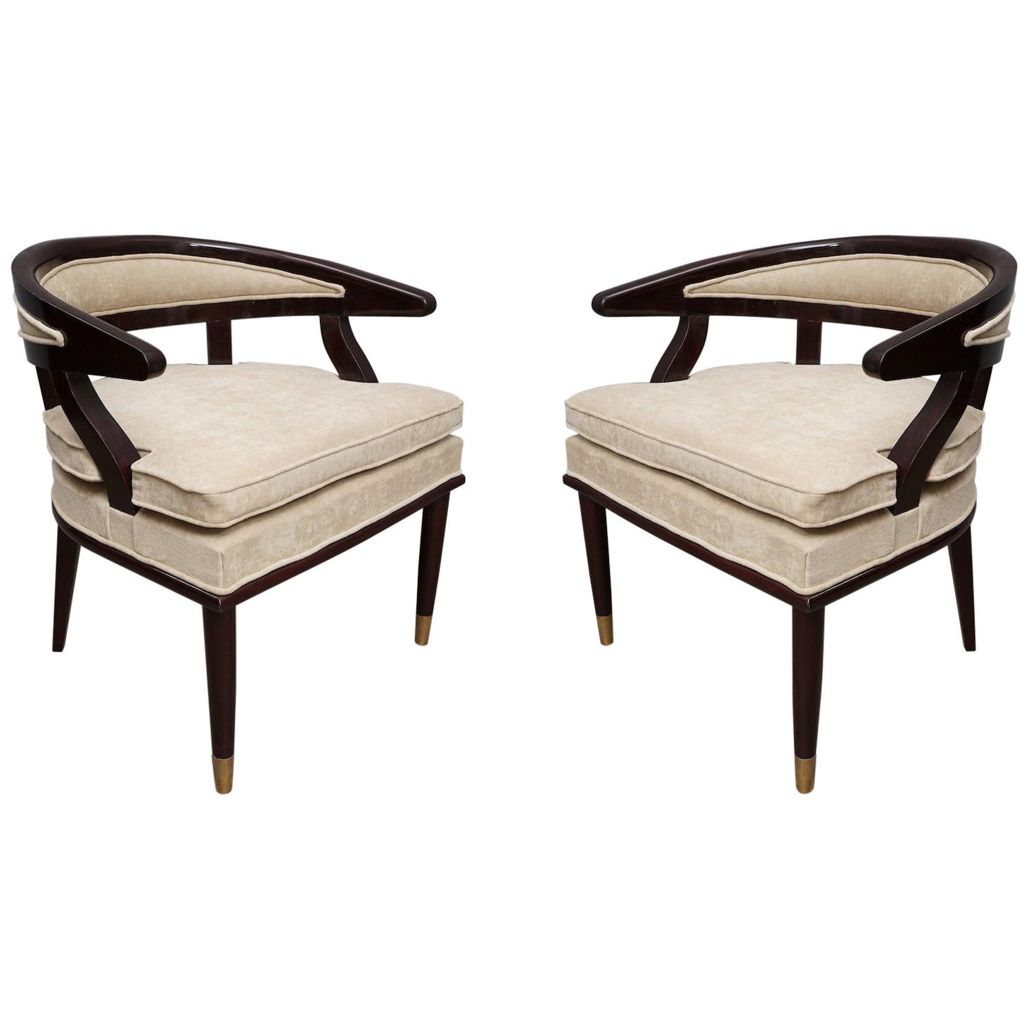 Pair of Art Deco Wood and Brass Italian Armchairs, 1920