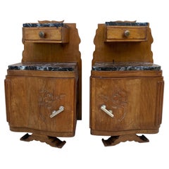 Pair of Art Deco Wood Bedside Tables with Marble Tops, circa 1930