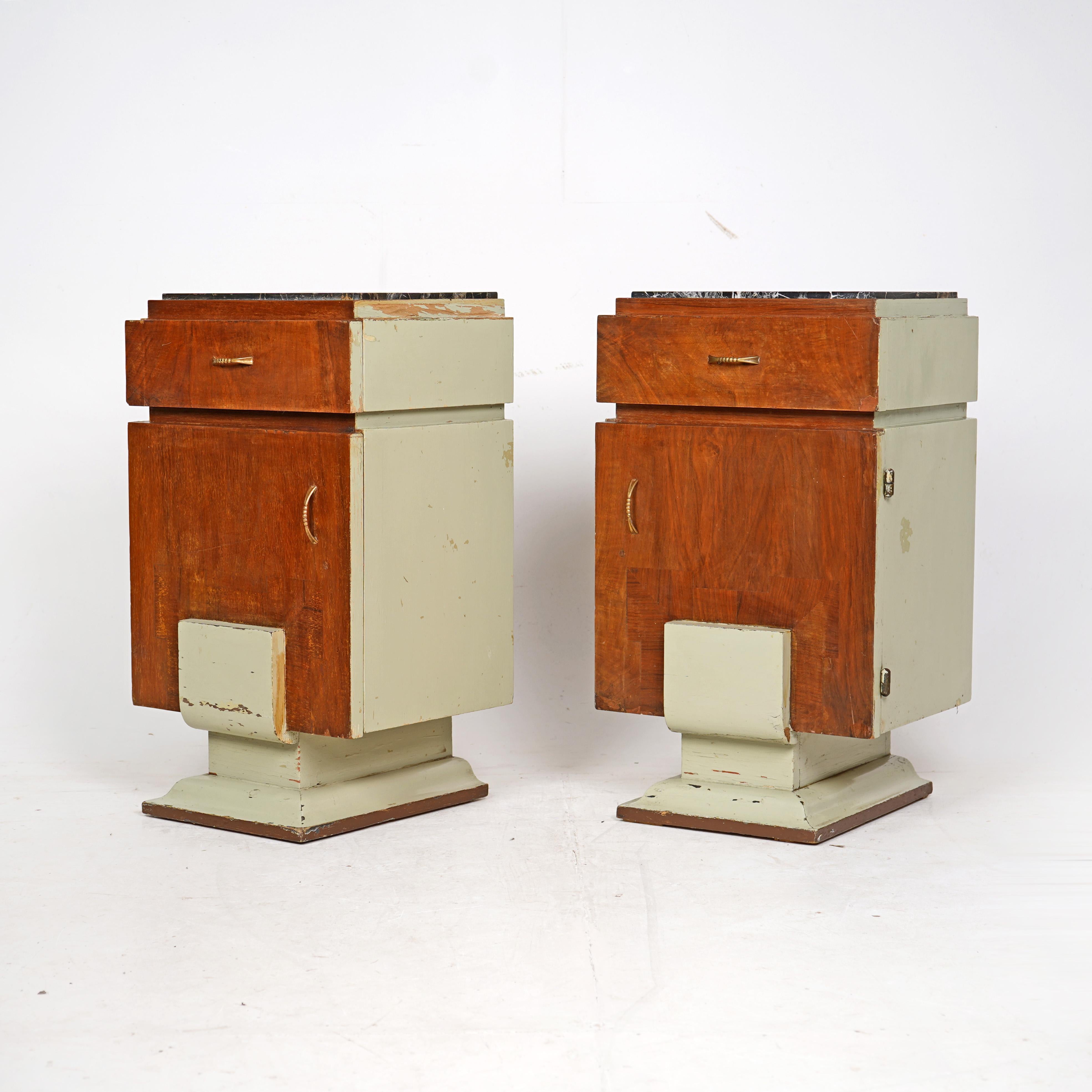 British Pair Of Art Deco Wooden Bedside Tables - Sage Green  For Sale