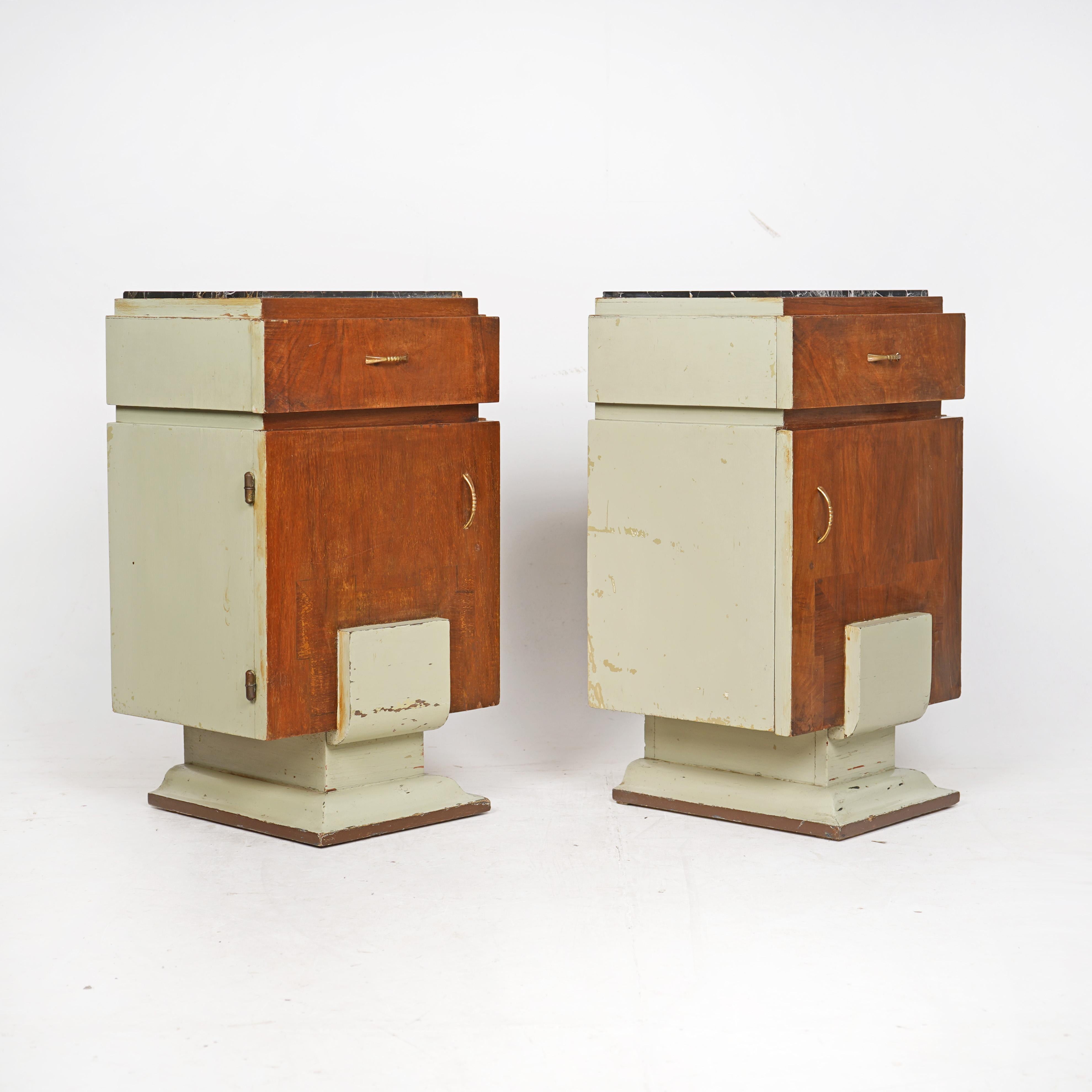 Painted Pair Of Art Deco Wooden Bedside Tables - Sage Green 