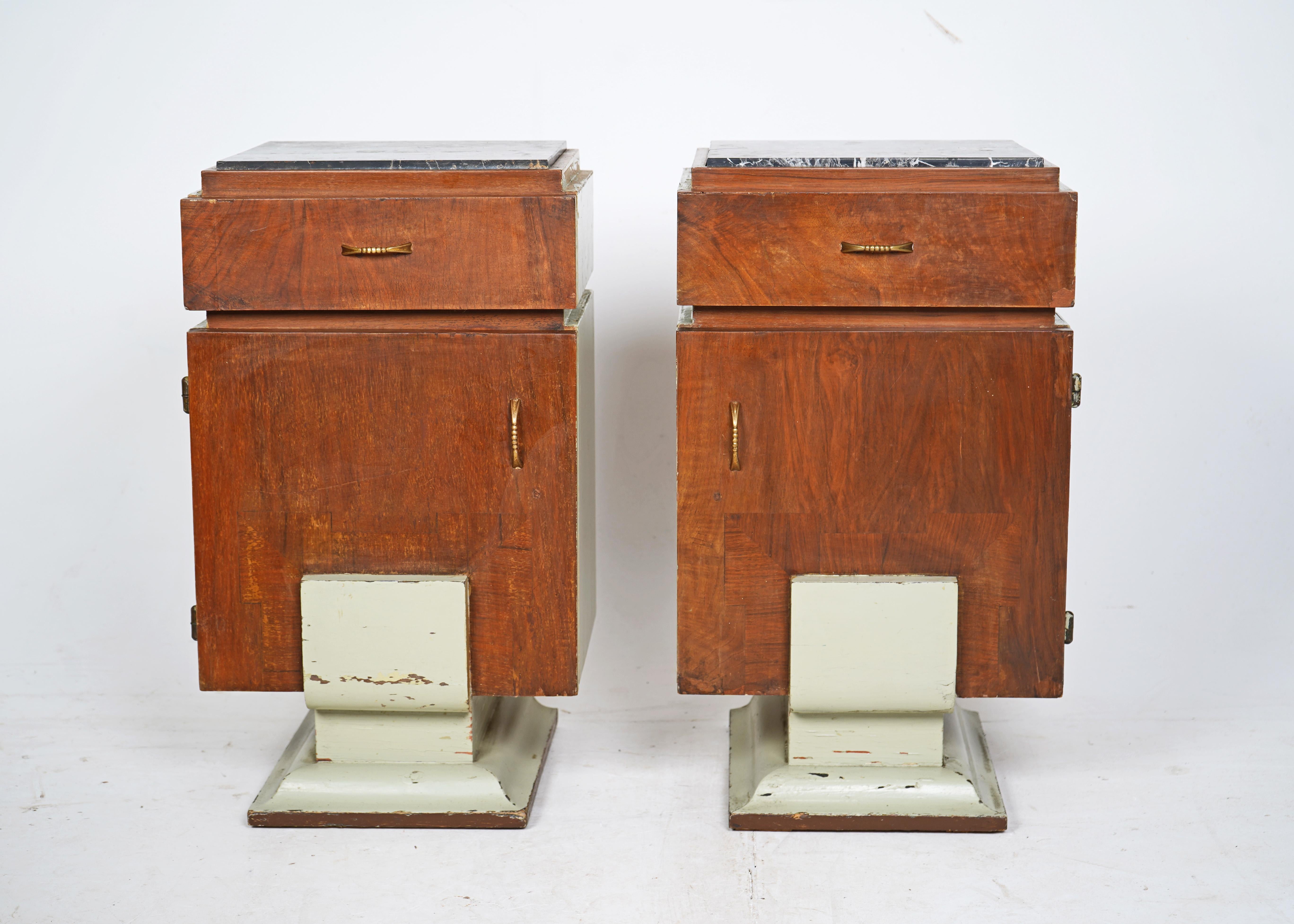 British Pair Of Art Deco Wooden Bedside Tables - Sage Green 