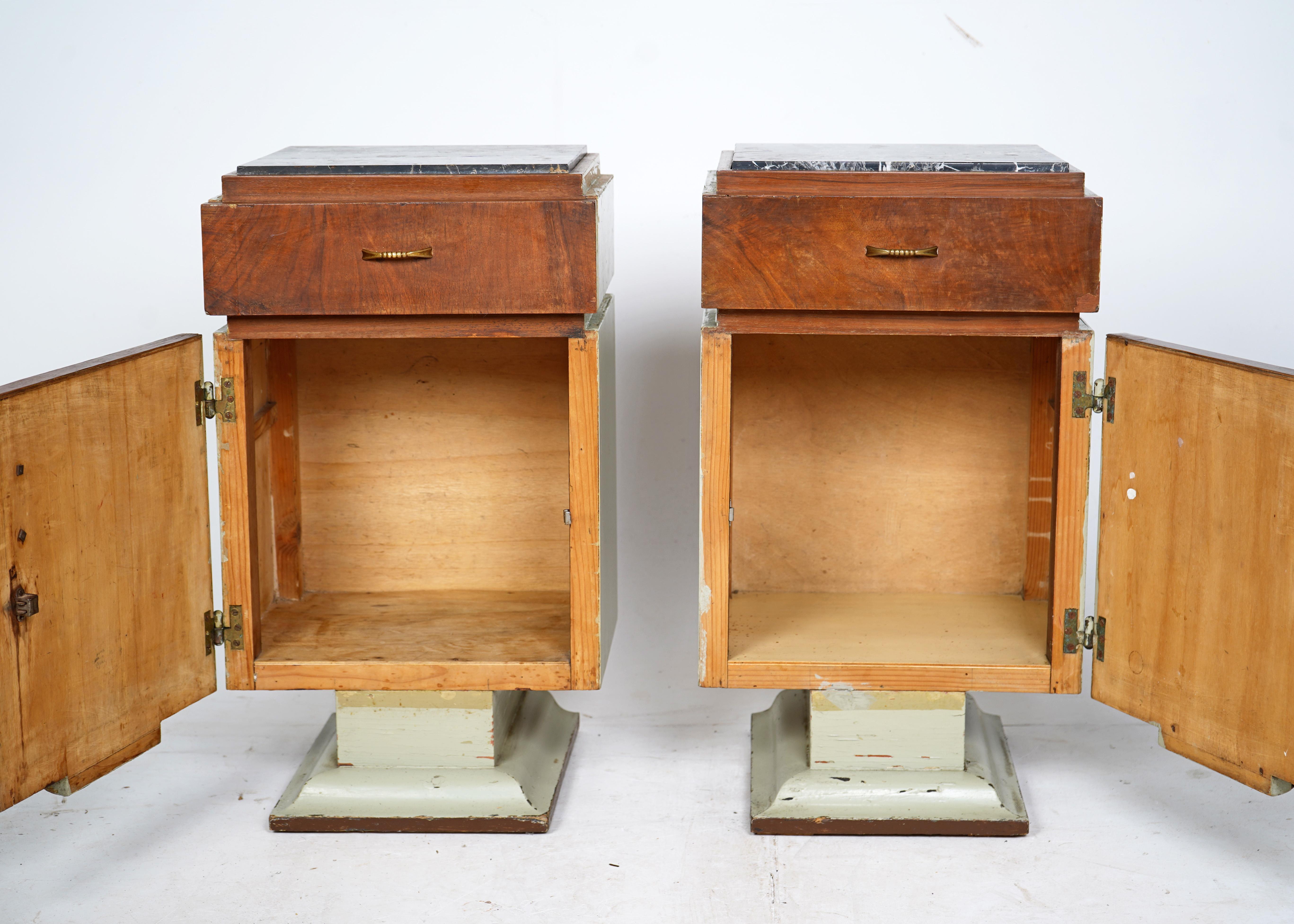 Early 20th Century Pair Of Art Deco Wooden Bedside Tables - Sage Green  For Sale