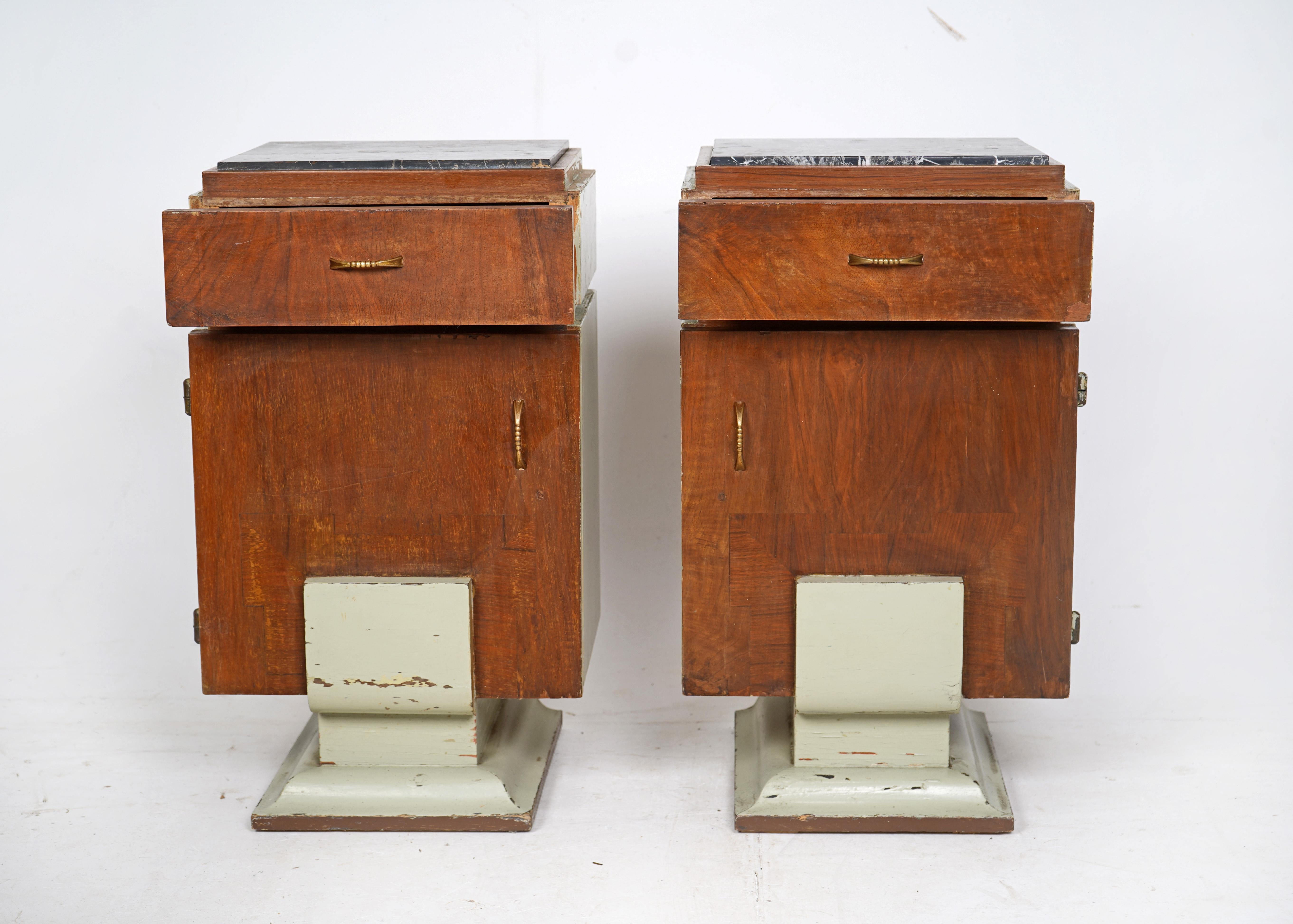 Pair Of Art Deco Wooden Bedside Tables - Sage Green  In Fair Condition In Dorchester, GB
