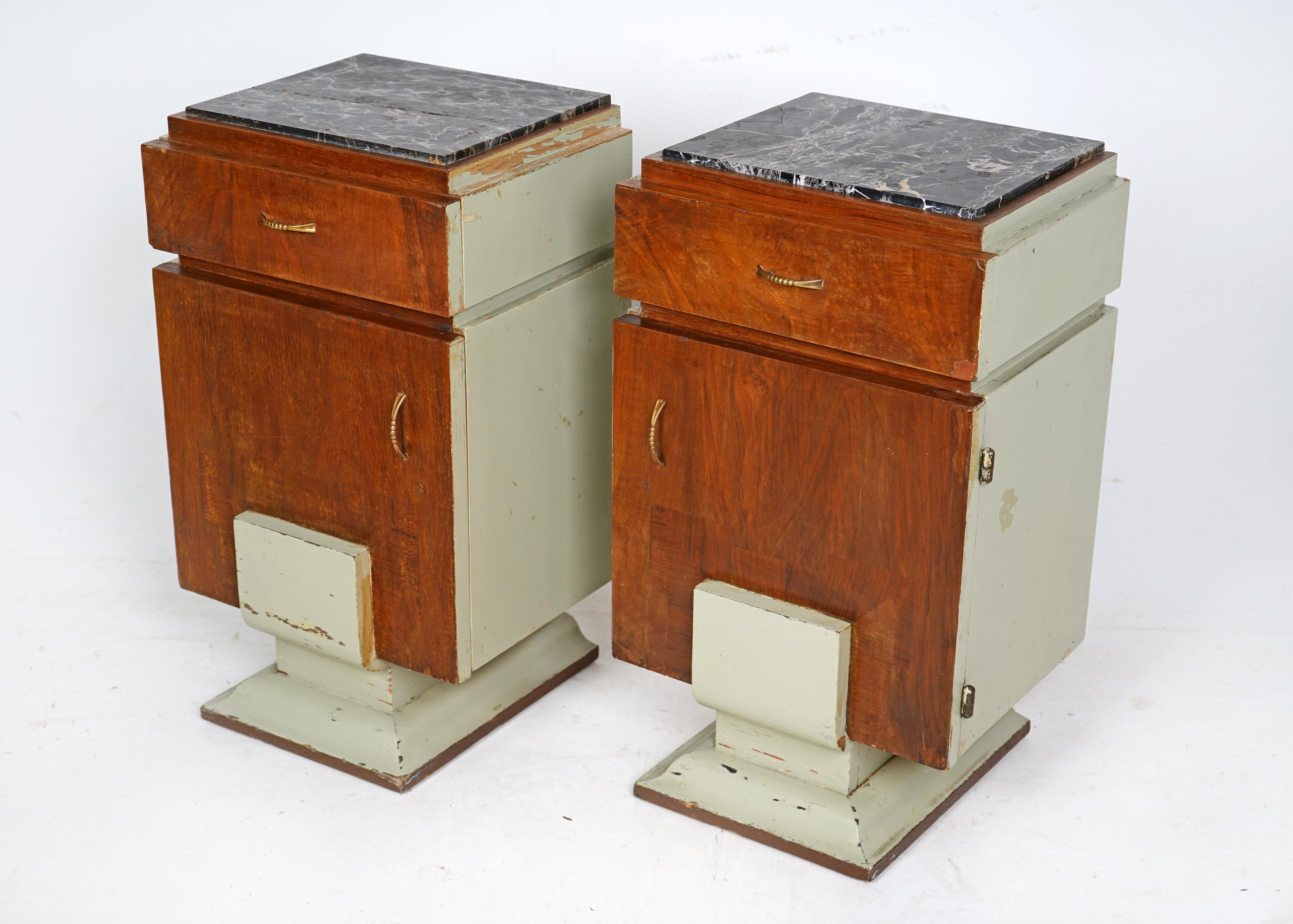 Pair Of Art Deco Wooden Bedside Tables - Sage Green  2