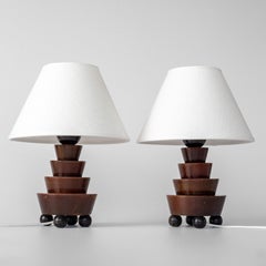 Pair of Art Deco Wooden Table Lamps with Ball Feet, Sweden, 1930s