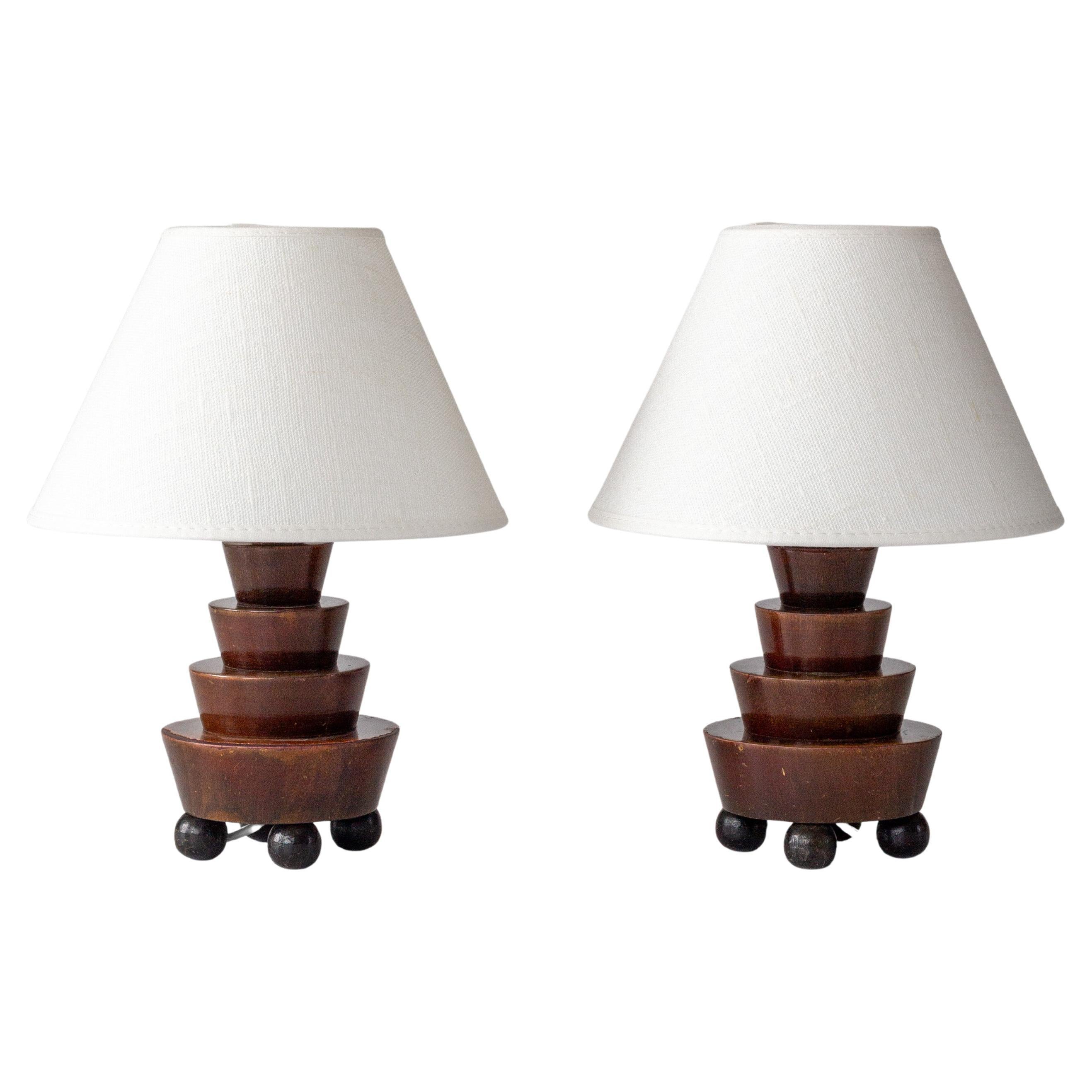 Pair of Art Deco Wooden Table Lamps with Ball Feet, Sweden, 1930s
