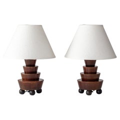 Pair of Art Deco Wooden Table Lamps with Ball Feet, Sweden, 1930s