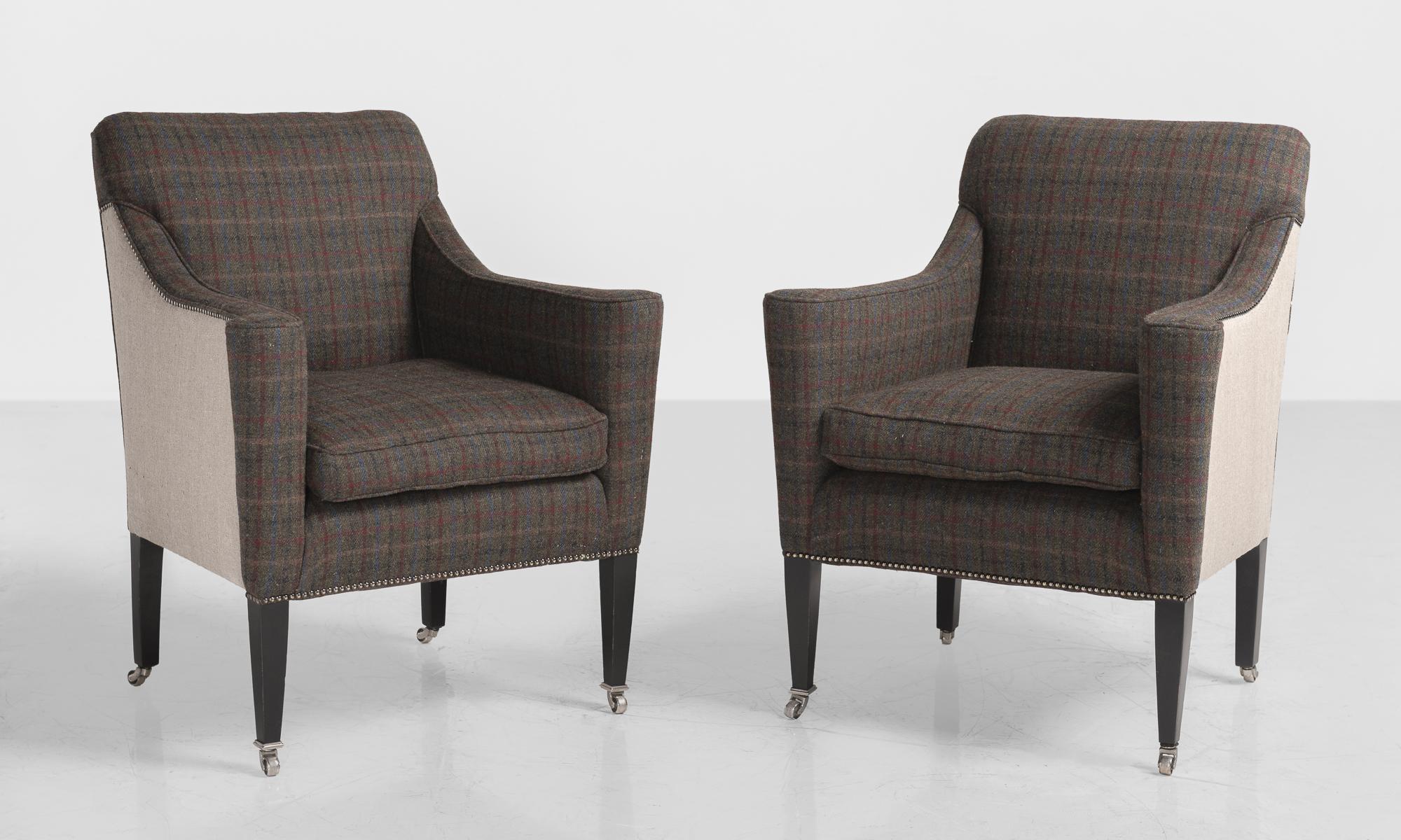 Pair of Art Deco Wool Flannel Armchairs, England, circa 1930

Elegant form. Newly upholstered in wool flannel with wooden legs and chrome castors.

Measures: 29