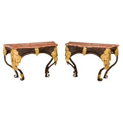 Pair of Art Deco Woven Wrought and Gilt Tole Blush Marble Top Console Tables