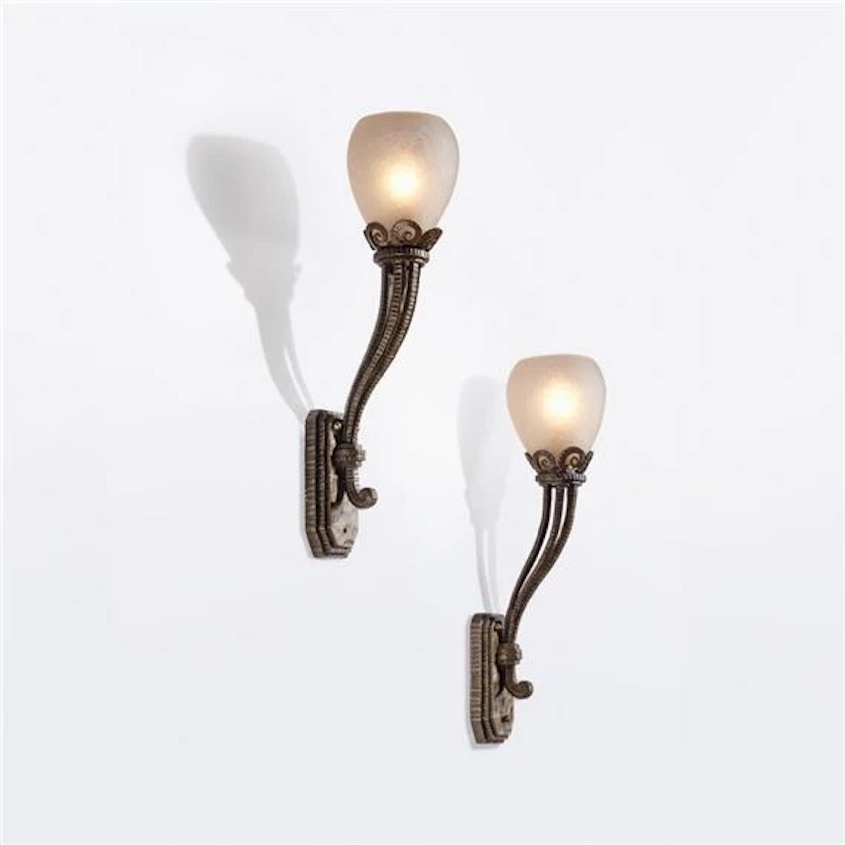 French Pair of Art Deco Wrought Iron and Acid-Etched Glass Sconces by Paul Kiss For Sale