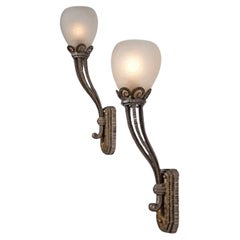 Antique Pair of Art Deco Wrought Iron and Acid-Etched Glass Sconces by Paul Kiss