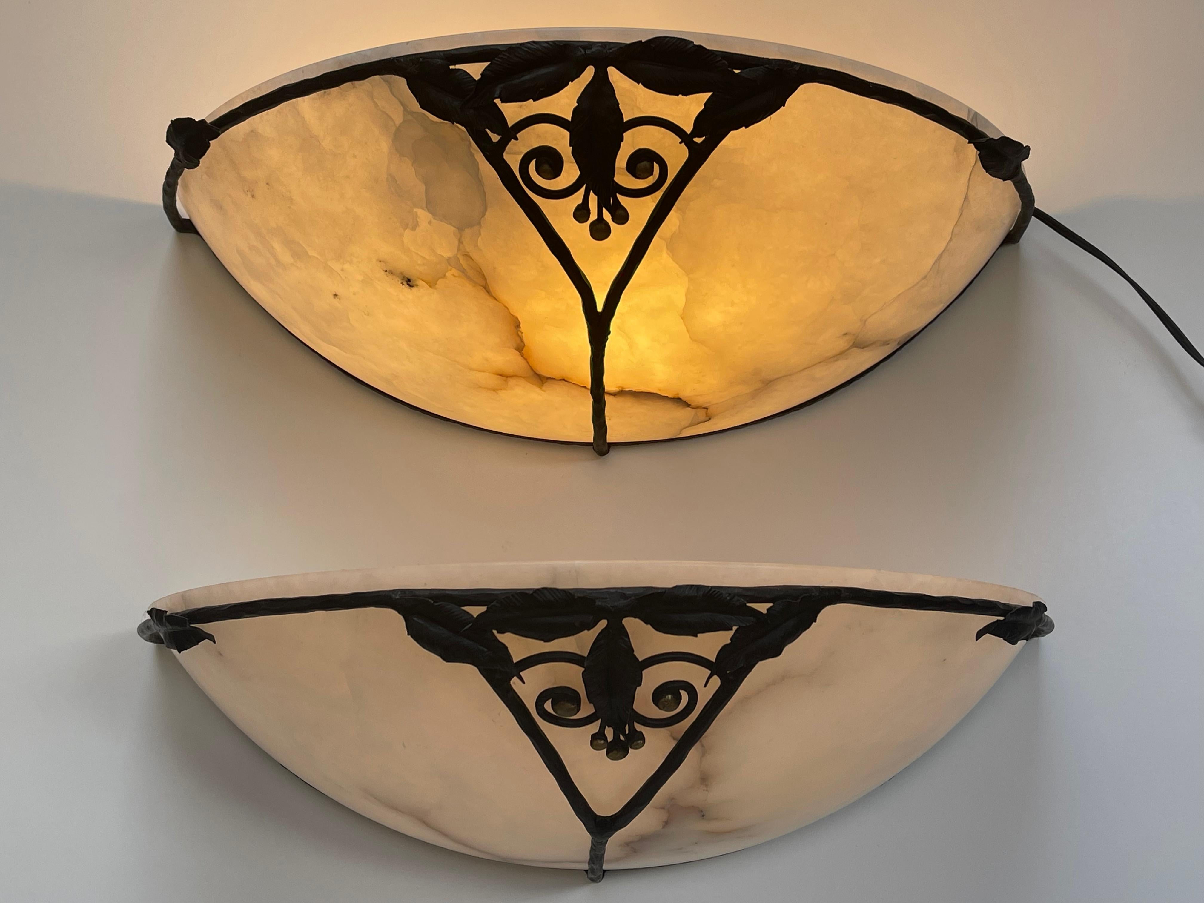 Pair of Art Deco Wrought Iron and Alabaster Sconces For Sale 2