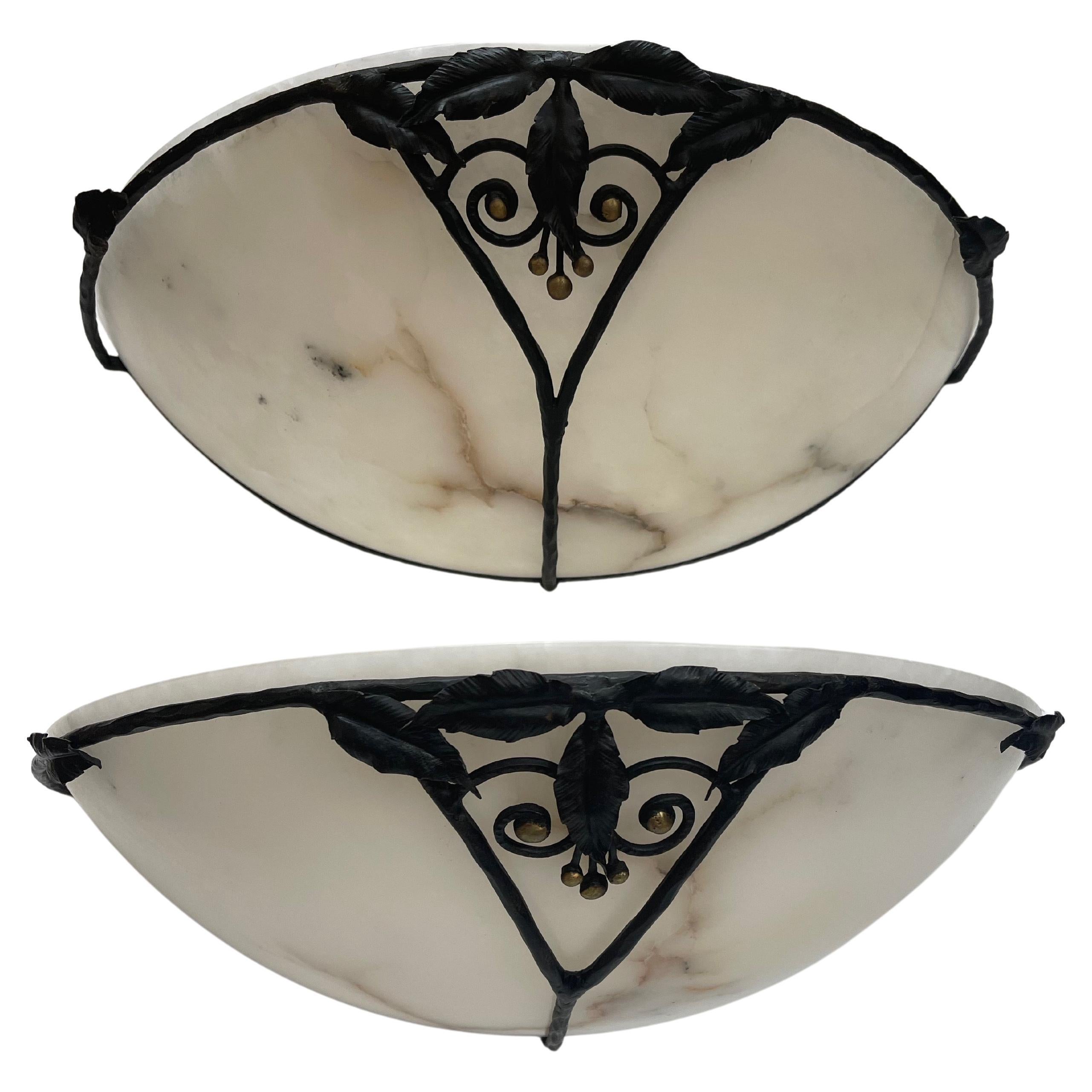 Pair of Art Deco Wrought Iron and Alabaster Sconces For Sale