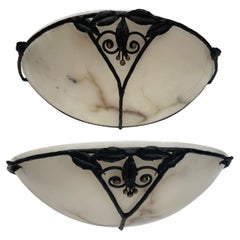 Pair of Art Deco Wrought Iron and Alabaster Sconces