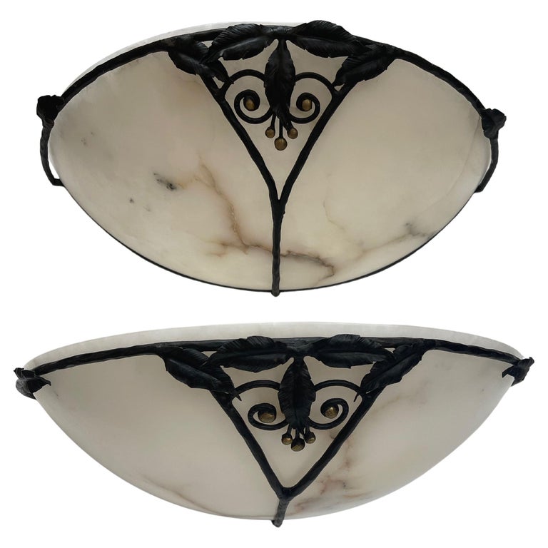 Pair Of Art Deco Wrought Iron And Alabaster Sconces For Sale At 1stDibs
