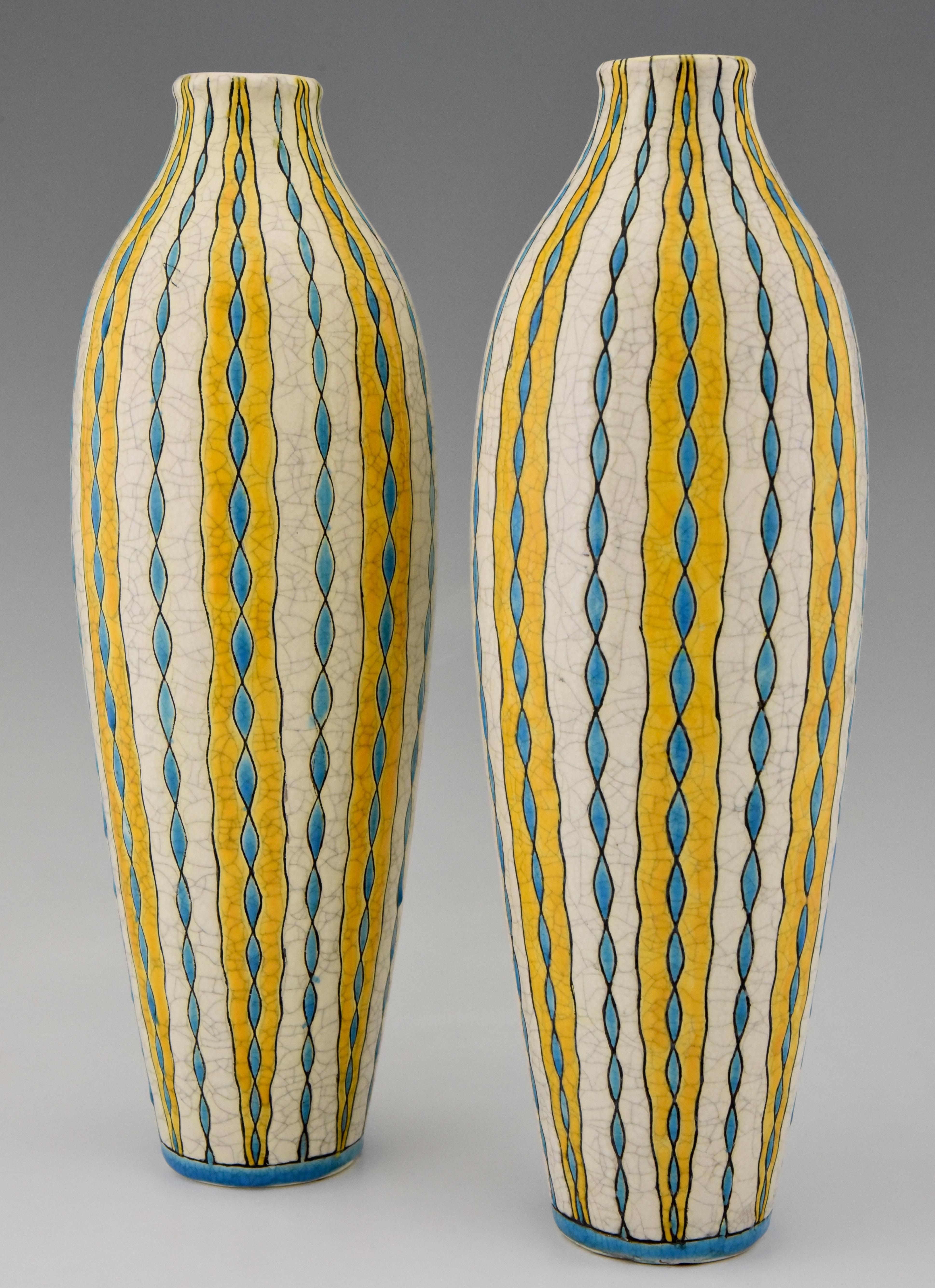 Pair of Art Deco yellow white blue craquelé vases Charles Catteau for Boch, 1923 3