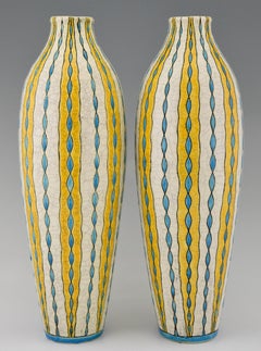 Pair of Art Deco yellow white blue craquelé vases Charles Catteau for Boch, 1923