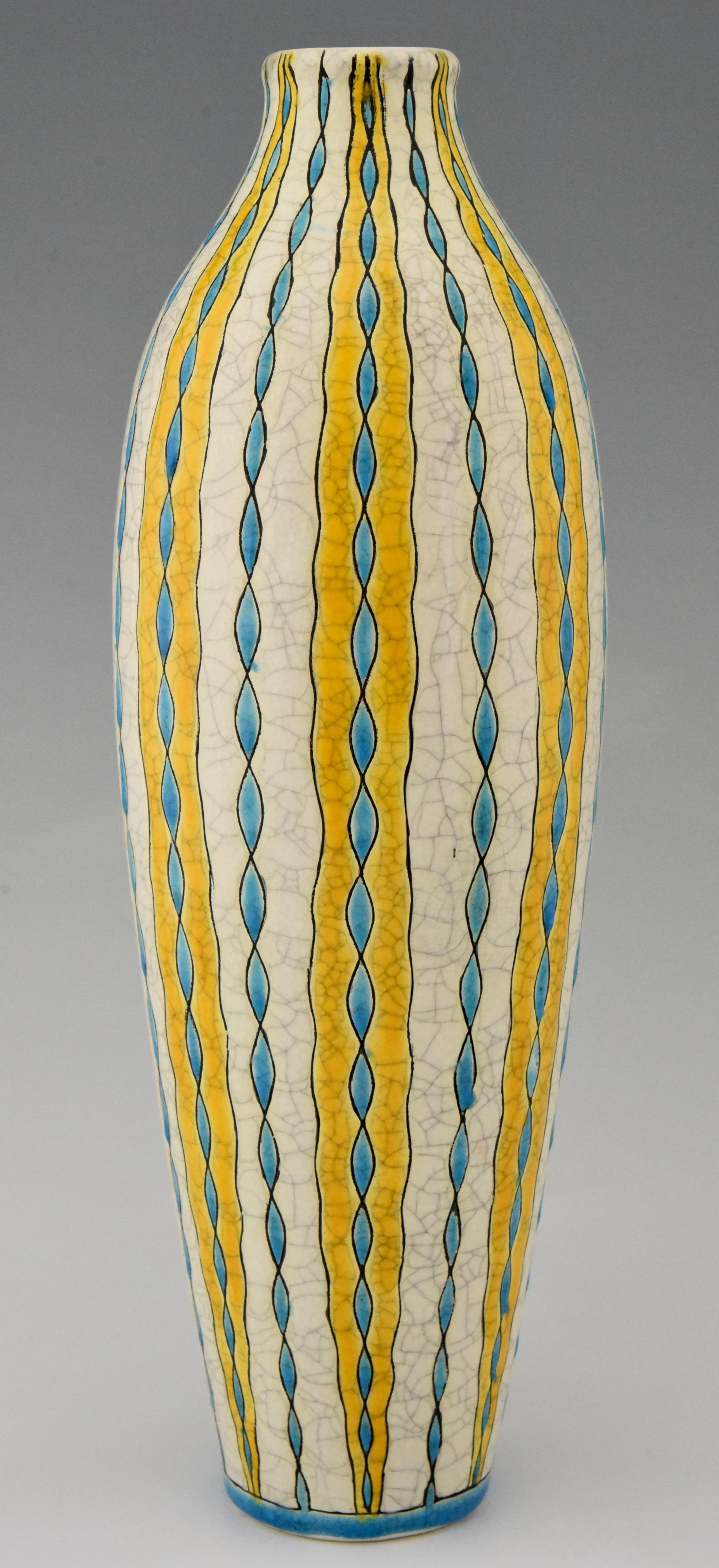 Belgian Pair of Art Deco yellow white blue craquelé vases Charles Catteau for Boch, 1923