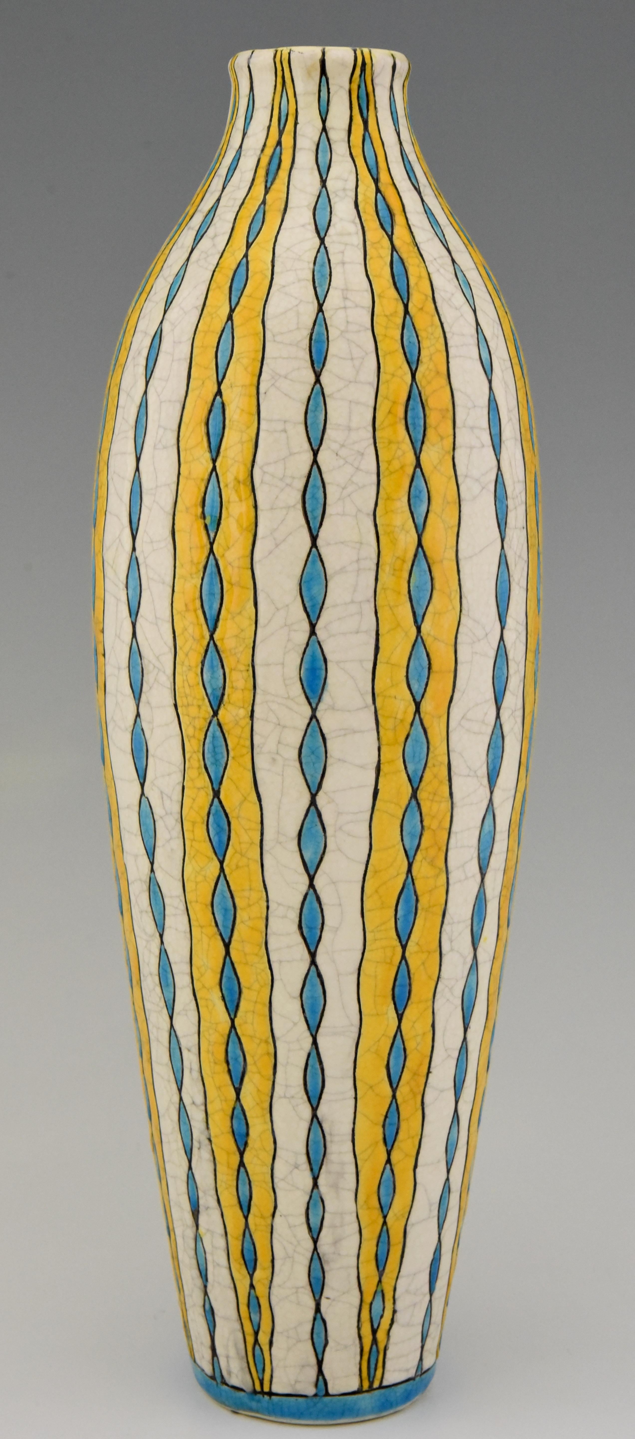 Pair of Art Deco yellow white blue craquelé vases Charles Catteau for Boch, 1923 In Good Condition In Antwerp, BE