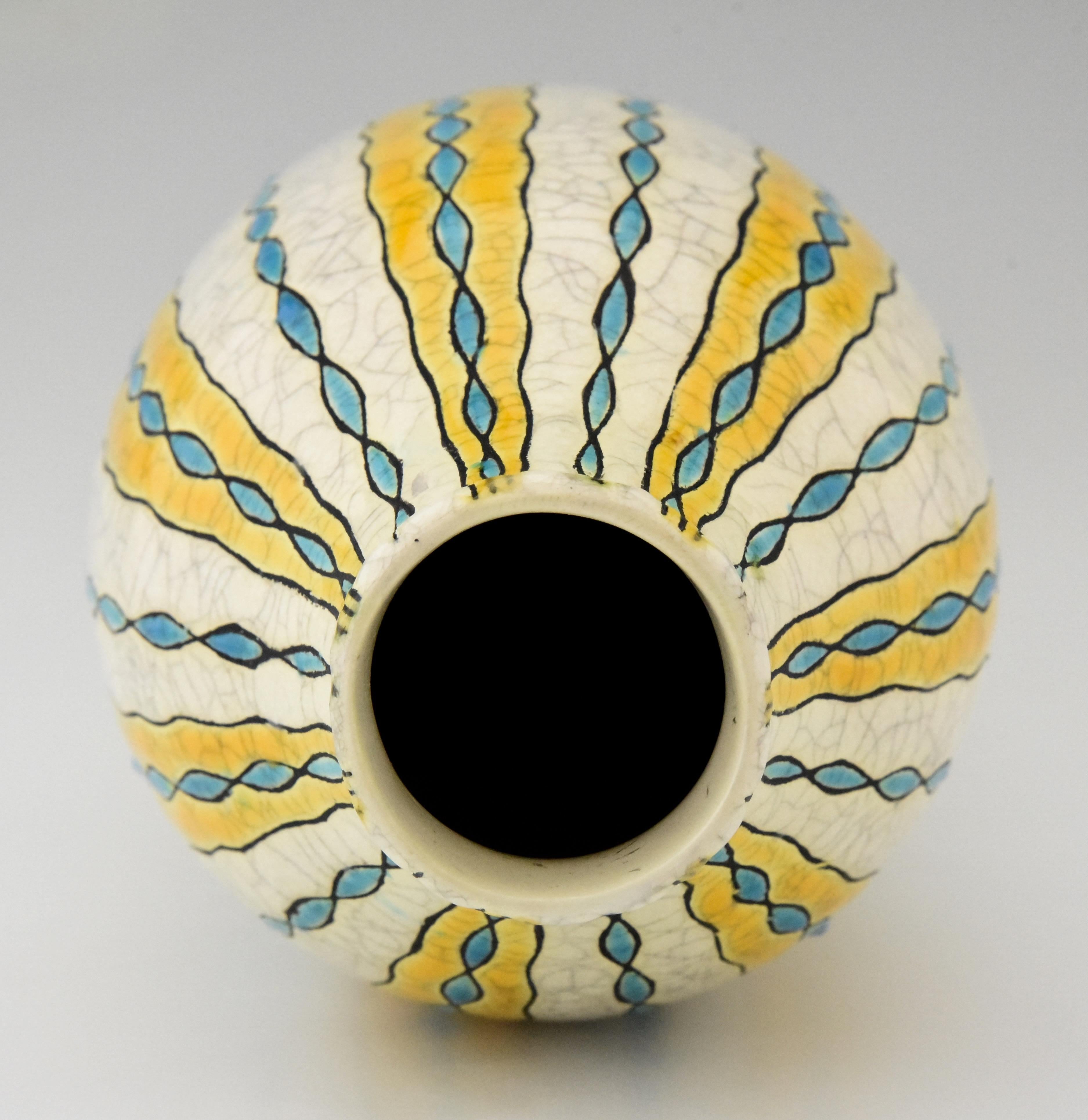Ceramic Pair of Art Deco yellow white blue craquelé vases Charles Catteau for Boch, 1923