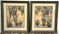 Pair of Art Deco Zebra Watercolor Gouaches by Shirrell Graves in Verde Frames