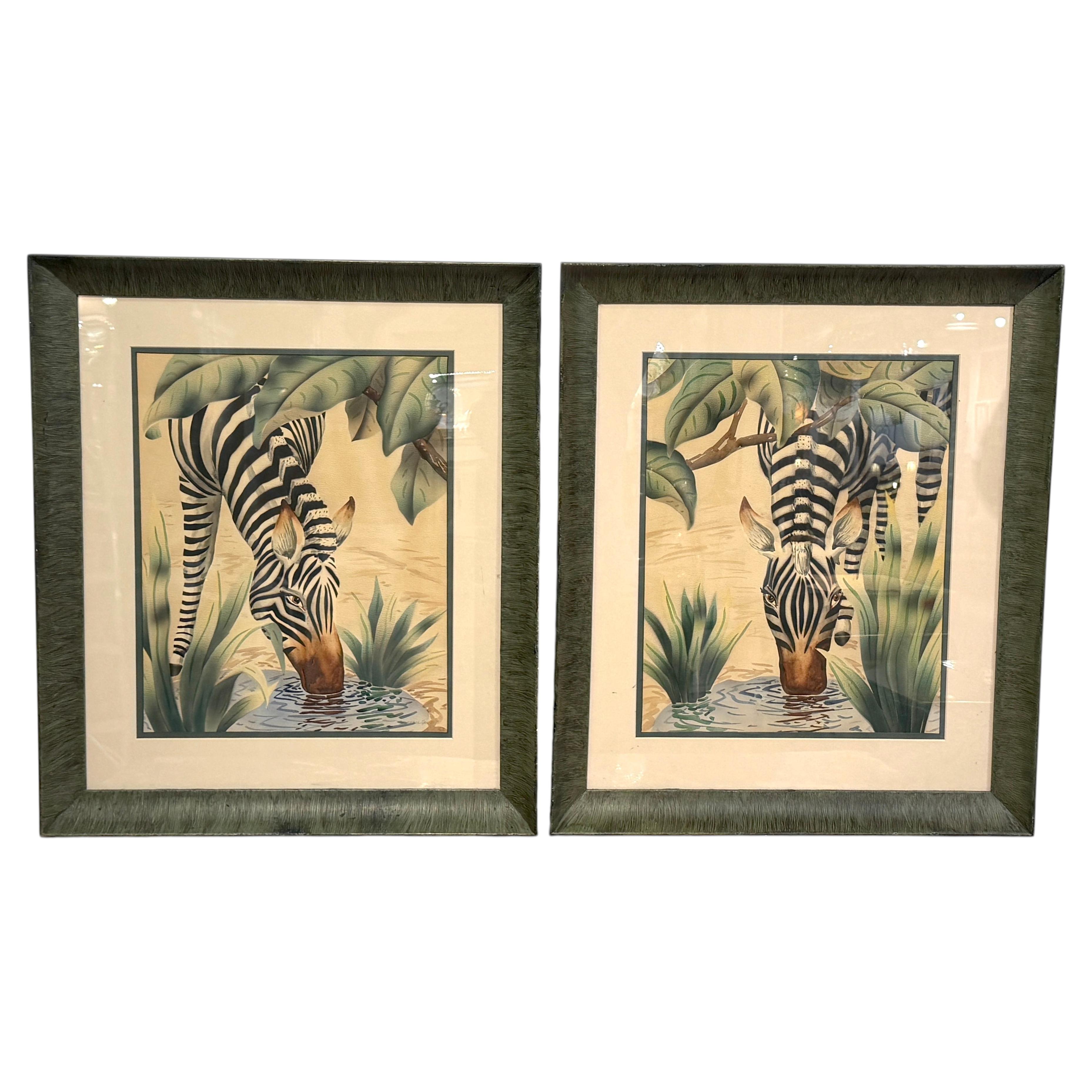 Pair of Art Deco Zebra Watercolor Gouaches by Shirrell Graves in Verde Frames For Sale