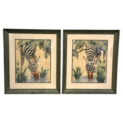 Pair of Art Deco Zebra Watercolor Gouaches by Shirrell Graves in Verde Frames