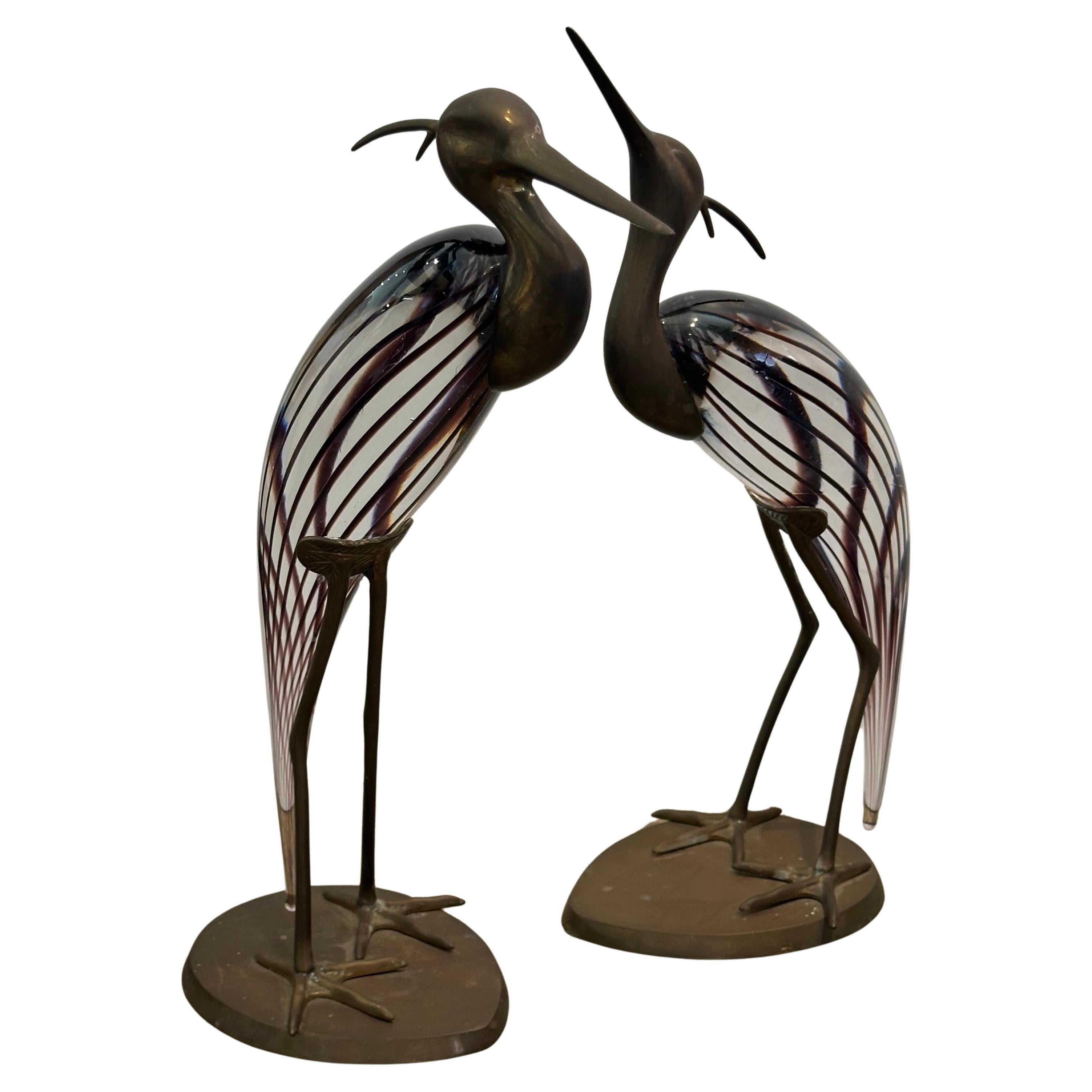 Mid-Century moderno Coppia di aironi/egrette in vetro artistico e ottone di Luca Bojola per Murano Glass in vendita
