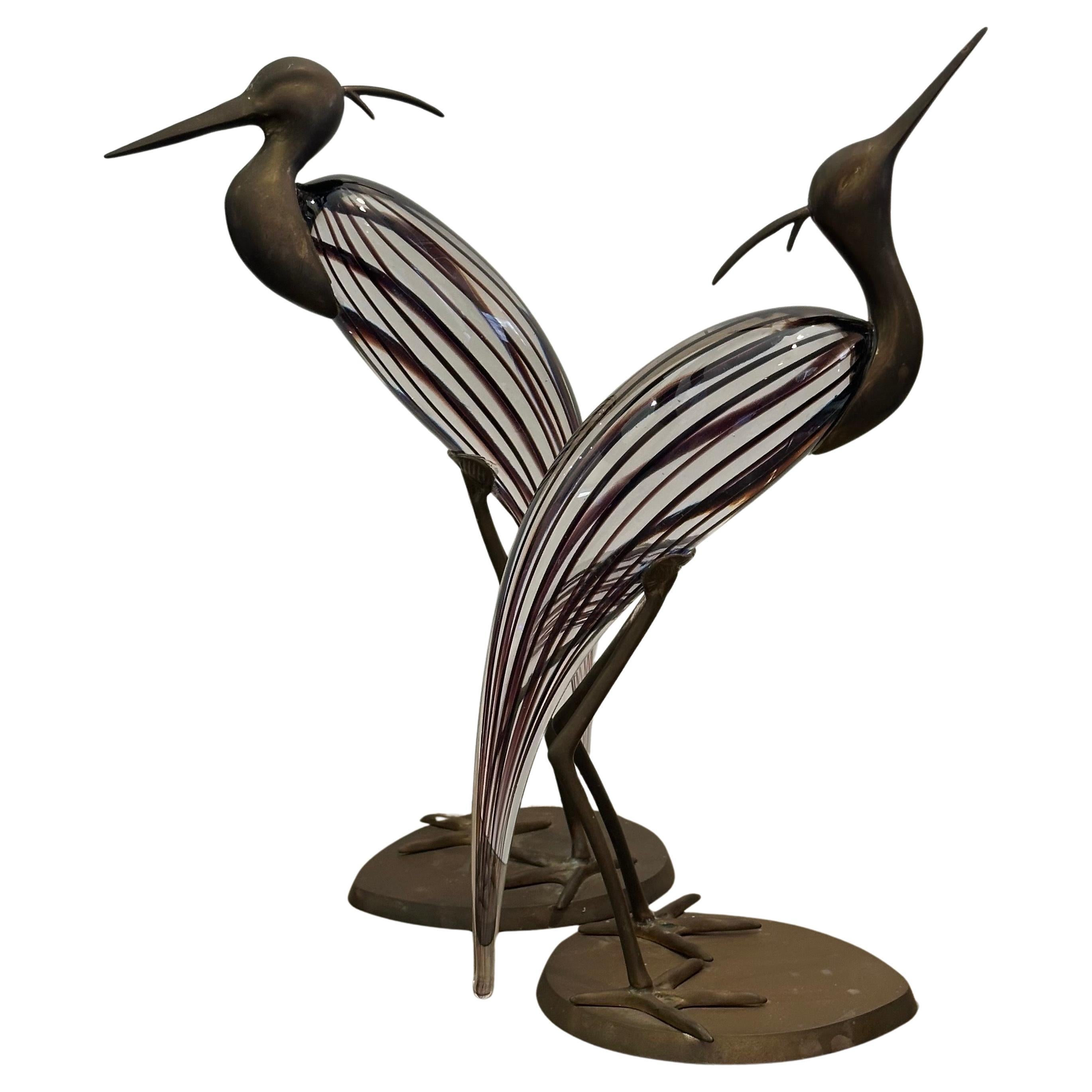 Italiano Coppia di aironi/egrette in vetro artistico e ottone di Luca Bojola per Murano Glass in vendita