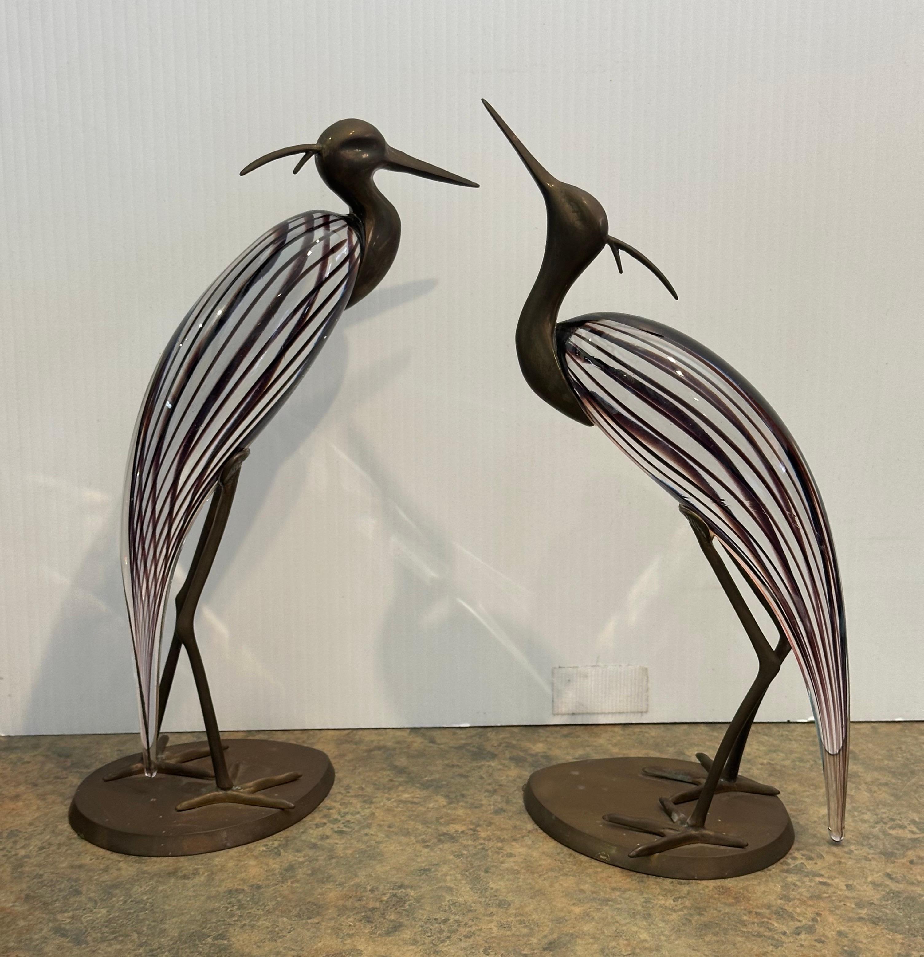 Ottone Coppia di aironi/egrette in vetro artistico e ottone di Luca Bojola per Murano Glass in vendita