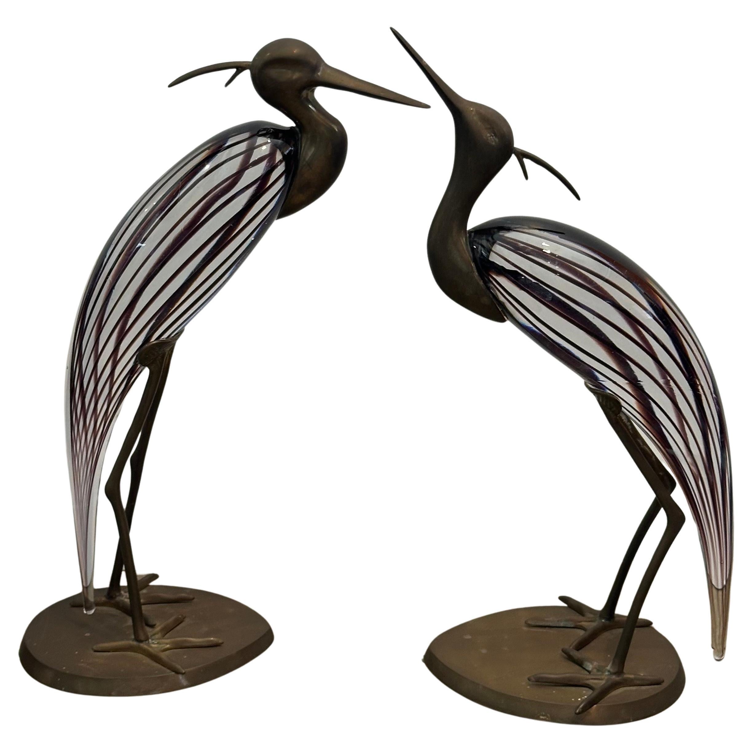 Coppia di aironi/egrette in vetro artistico e ottone di Luca Bojola per Murano Glass in vendita