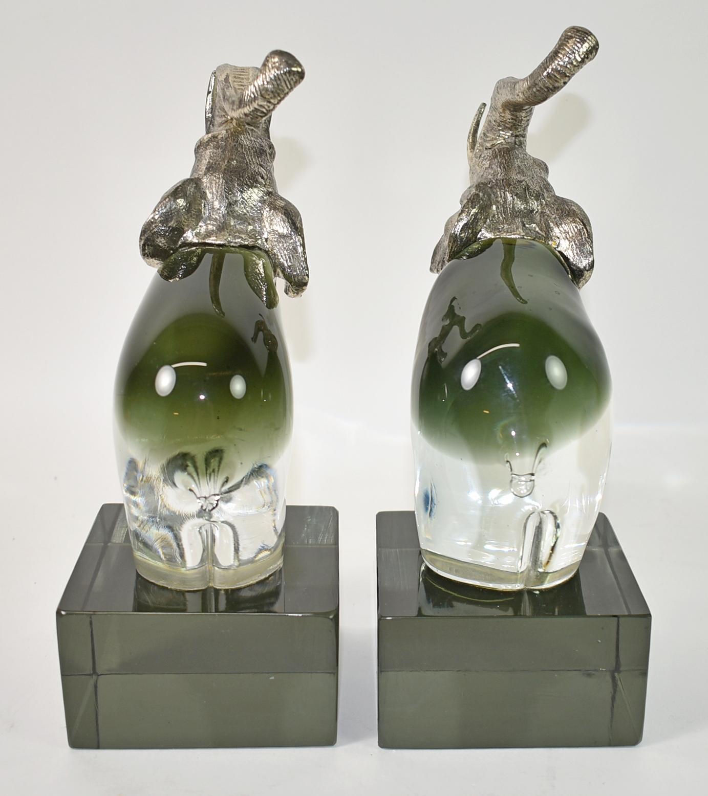Metal Pair of Art Glass Elephant Bookends For Sale