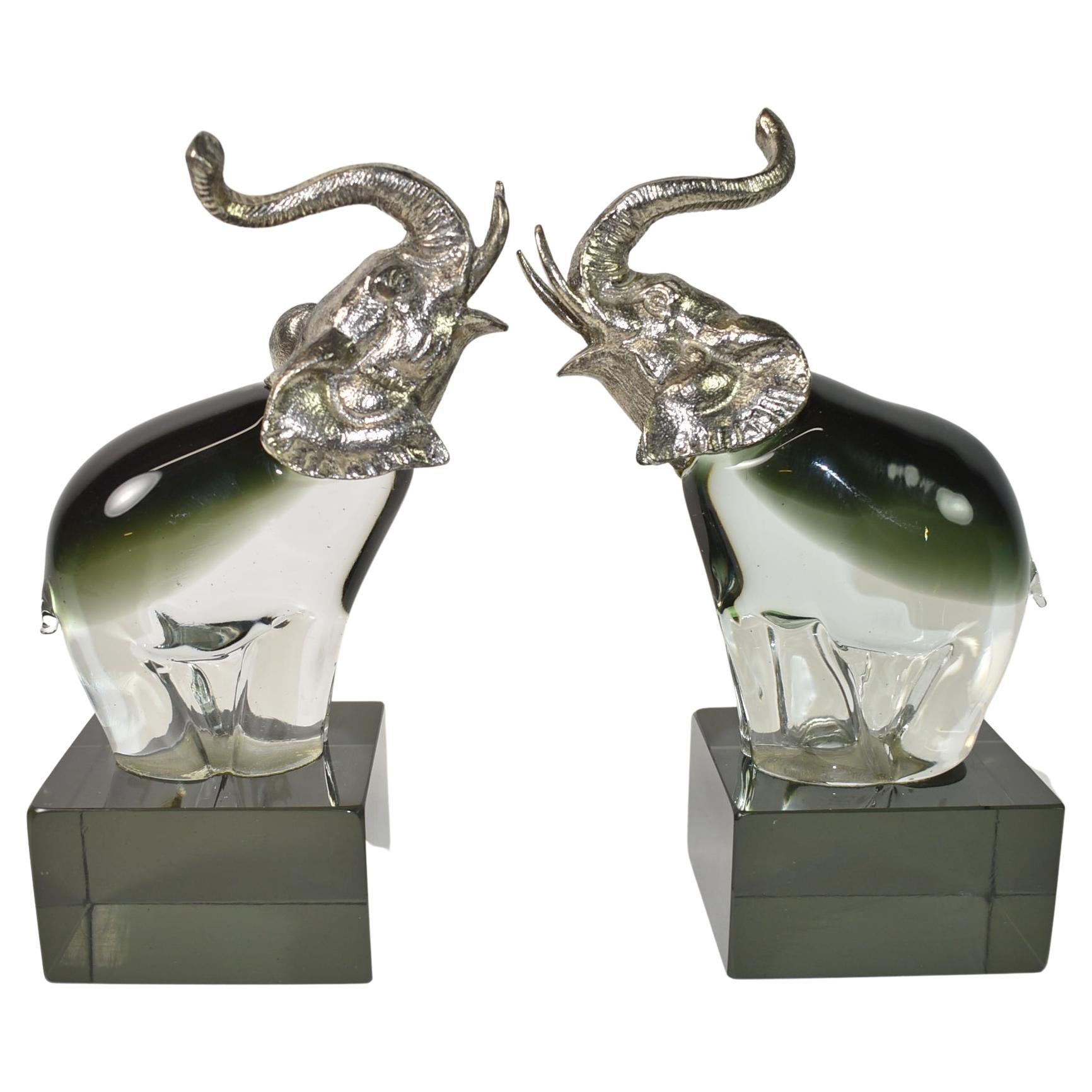 Pair of Art Glass Elephant Bookends For Sale