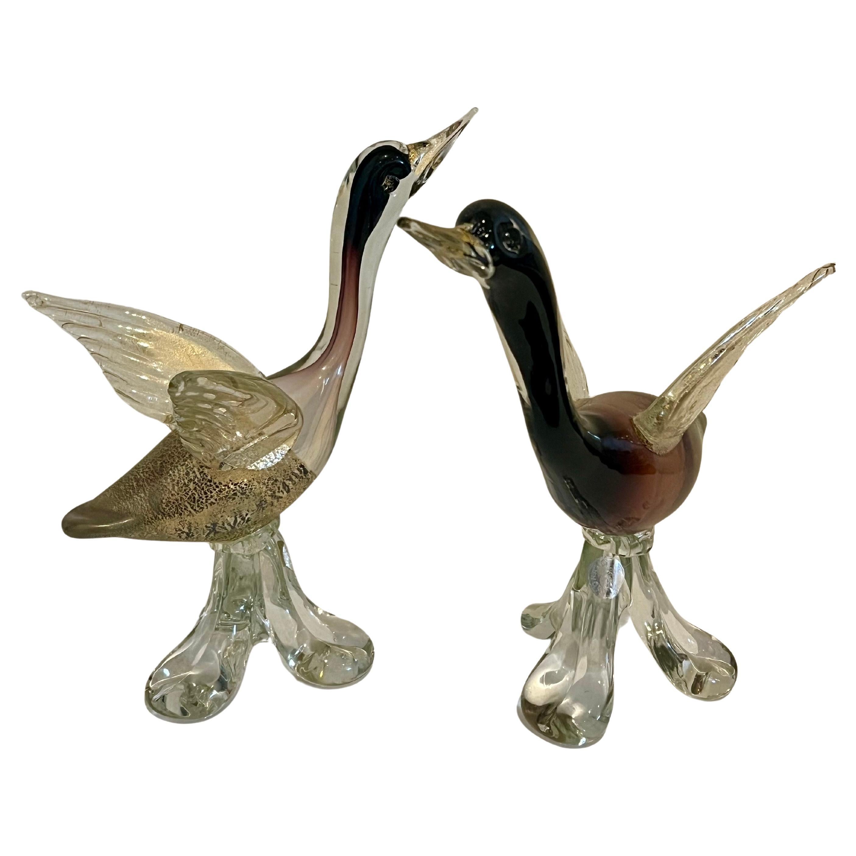 Pair of Art Glass Song Birds / Swans by Murano Glass Studios