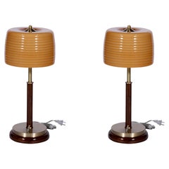 Retro Pair of Art Glass Table Lamps on Brass and Teak Bases