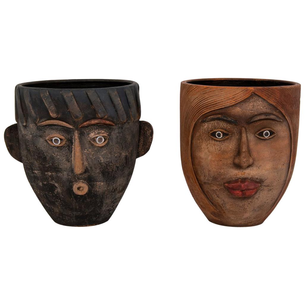 Pair of Art Head Face Terracotta Planters, 1960s